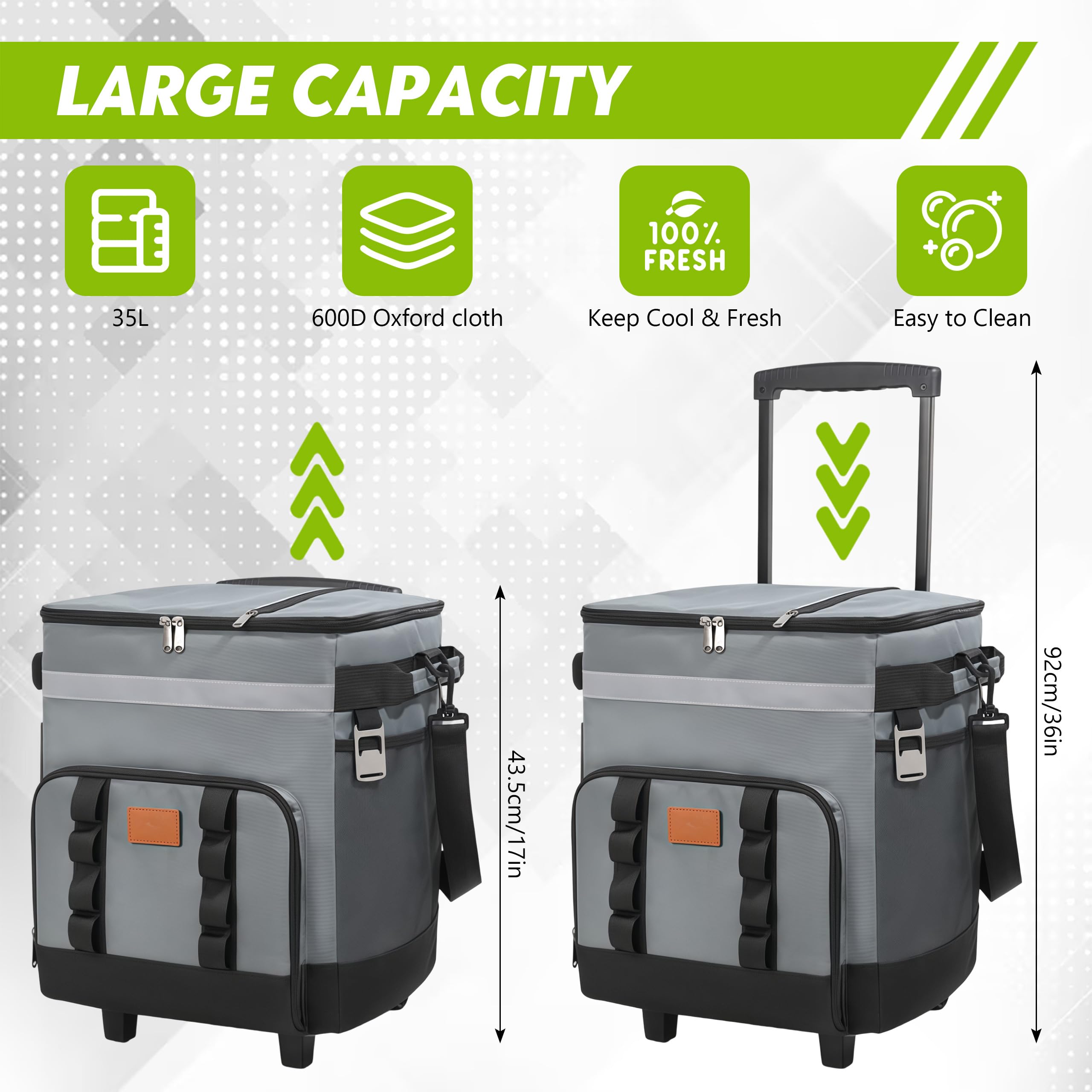 Sac Isotherme à roulettes 35L, Glacière Pliable avec Poignée Télescopique, Sac de Pique-Nique Portable et Imperméable en Tissu Oxford 600D avec Bretelles Réglables pour Camping BBQ Plage