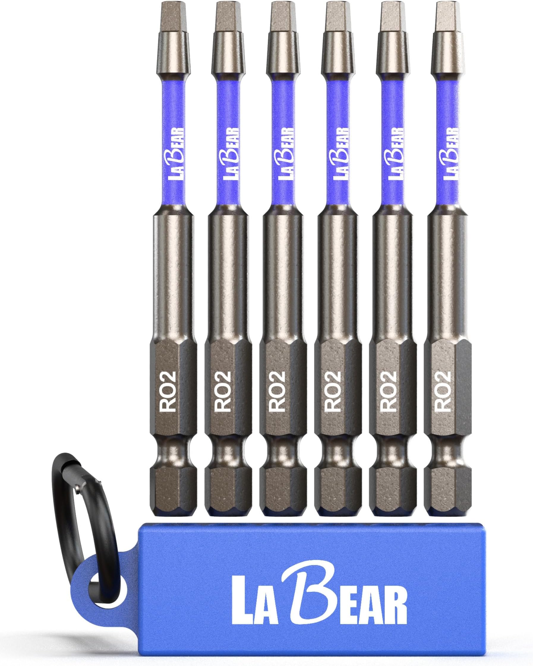 LABEAR-6pc. SQ2 Roberson Square 3" long, Impact Driver Screwdriving Power Bits Set with a Carabiner, S2 Steel