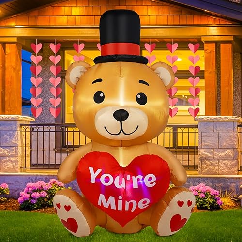 B&D Oso inflable para el día de San Valentín de 4 pies con corazón de amor, decoraciones de patio inflables con luces LED RGB integradas, decoración