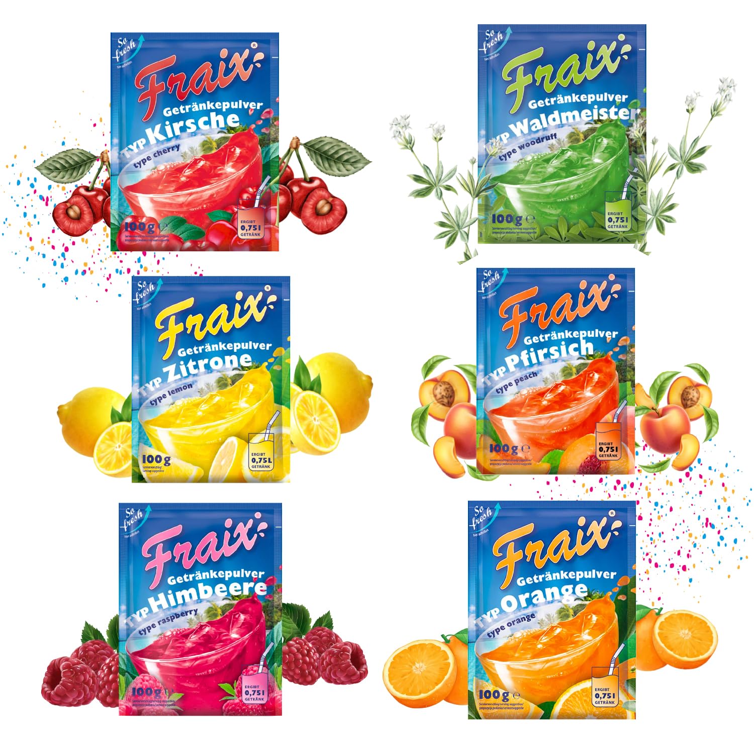 FRAIX Getränkepulver 6 Sorte Mixed Vorteilspack - je 25 Packungen (150er Pack x 100g) 6 Geschmacksrichtungen - Perfekt für Familie, Picknick, Party, Camping, unterwegs