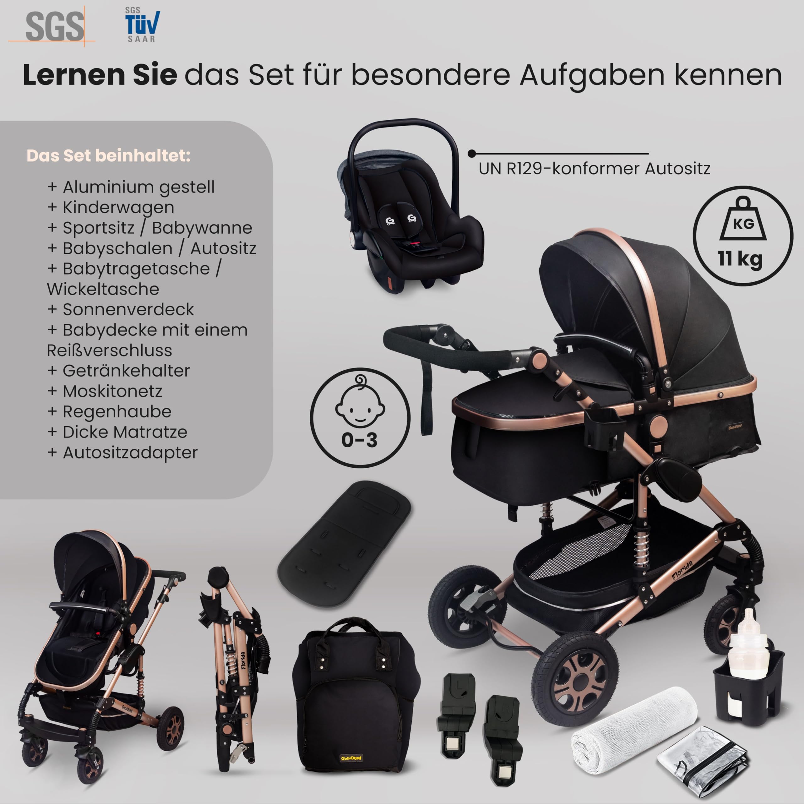 GaGaDumi Florida Kinderwagen 3 in 1 Komplettset mit Autositz - Baby Stroller TÜV - Kombikinderwagen Komplettset Voll-Gummireifen - Wickeltasche Schwarz/Schwarz