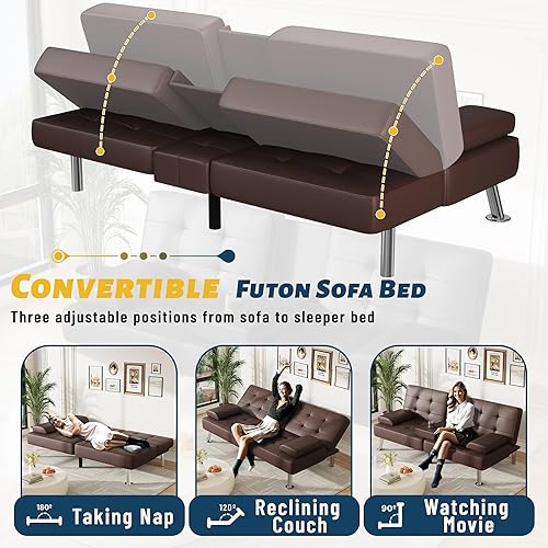 Miniatura 12 de Furmax Sofá cama futón ajustable, sofá cama para sala de estar, oficina de negocios, sofás reclinables con portavasos (piel sintética, negro) Negro