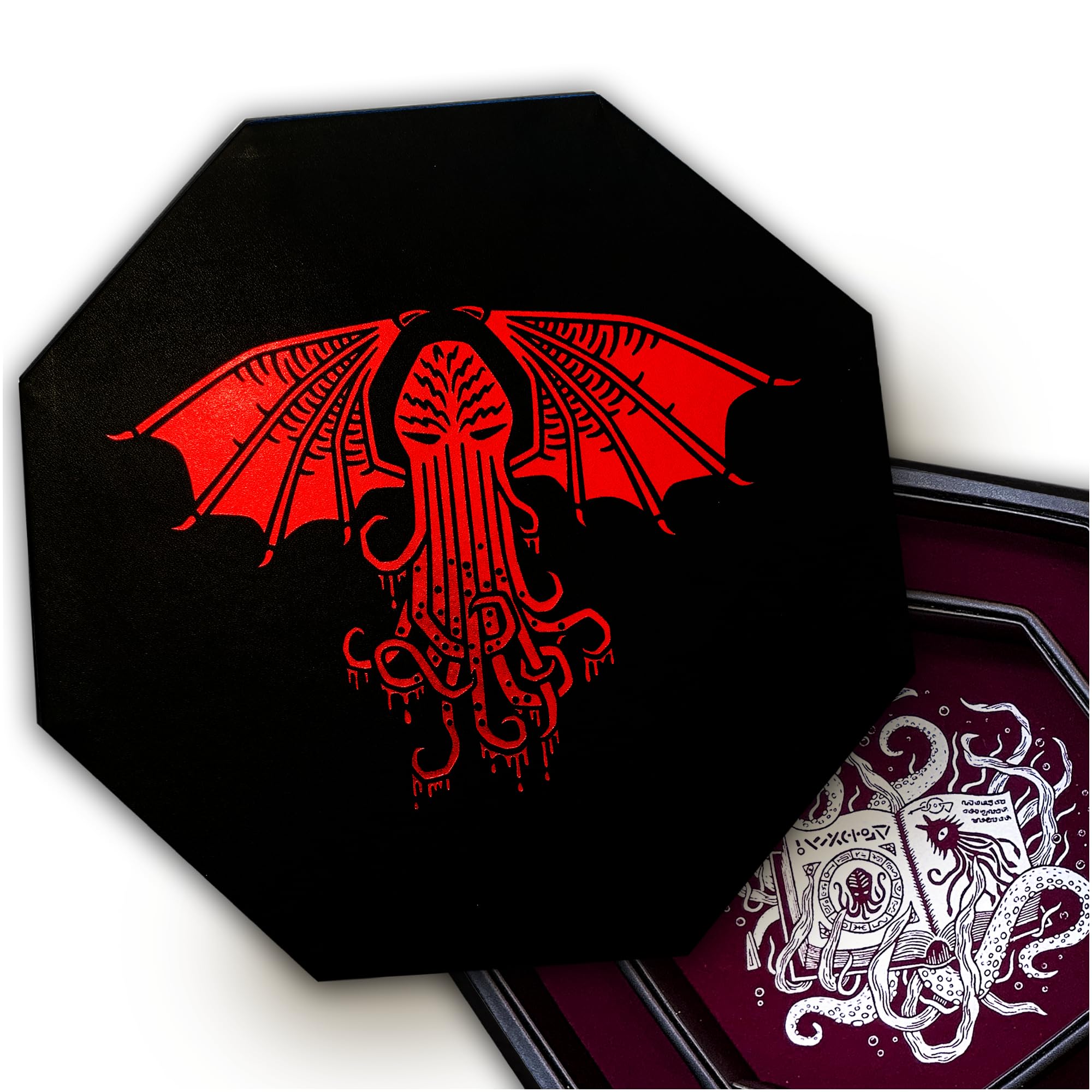 Fantasydice - Cthulhu Tome - Red Dice Tray with Lid – 9" Octagon with Dice Staging Area – Holds 5 Dice Sets for D&D, Call of Cthulhu, Shadowrun, and