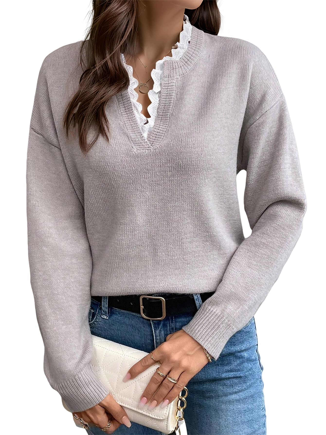 V Neck Sweaters for Women Long Sleeve Lace Trim Knit Sweater Fall Casual Lightweight Pullover Top