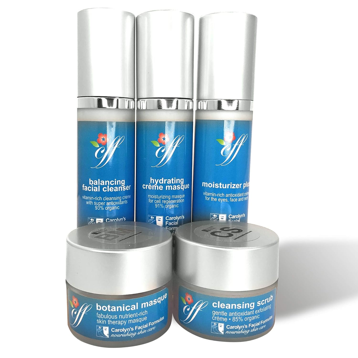 Carolyn's Facial Formulas Basic Therapy Pack | Skin Care Set | 5 Nourishing Products | Moisturizer Plus, Hydrating Crème Masque, Balancing Facial Cleanser, Cleansing Scrub and Botanical Masque