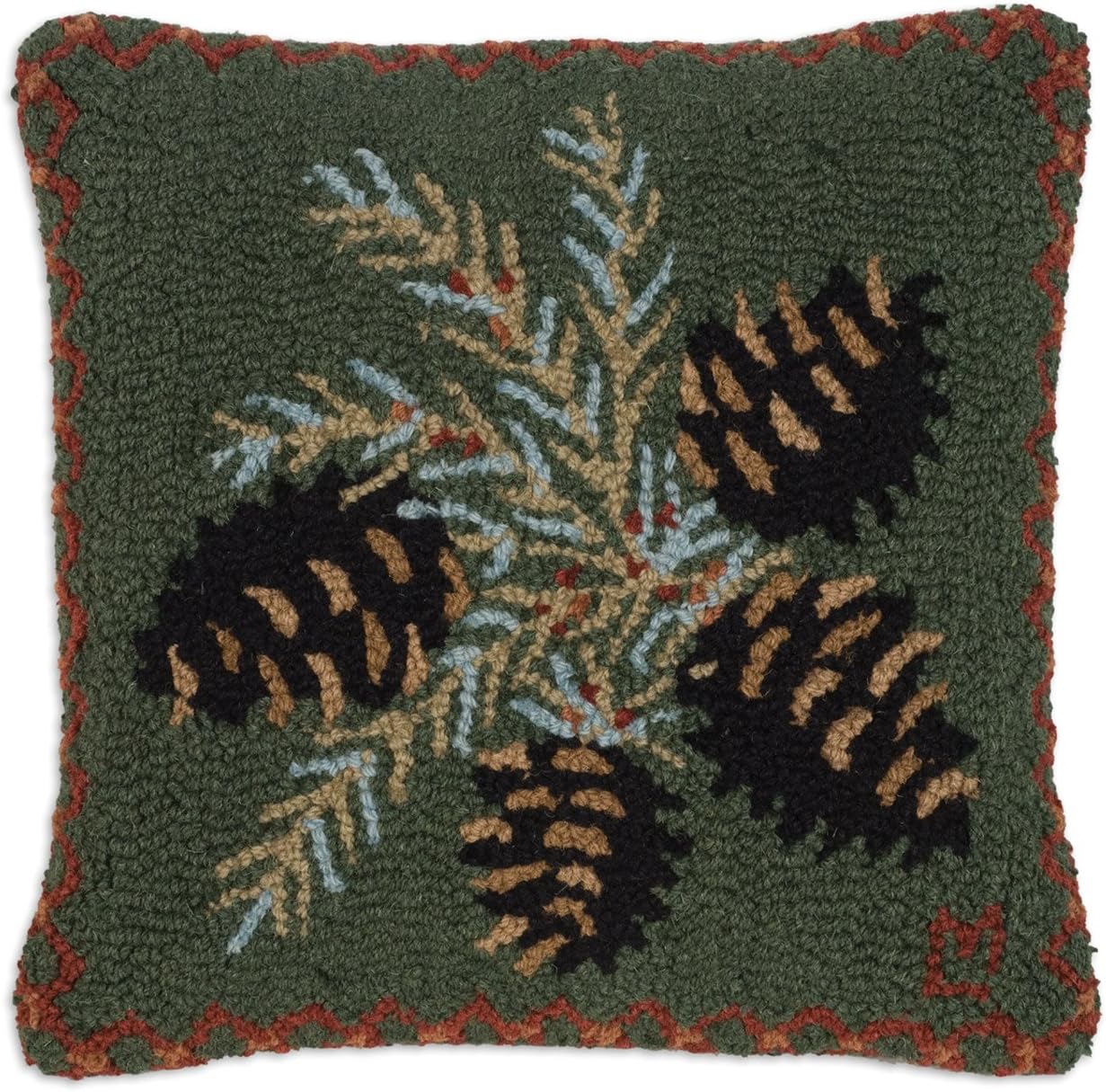 Artist-Designed Diamond Pine Hand-Hooked Wool Decorative Throw Pillow (18 in x 18 in) Garden-Themed Pillow for Couches & Beds - Low Maintenance Nature & Garden Square Home Décor