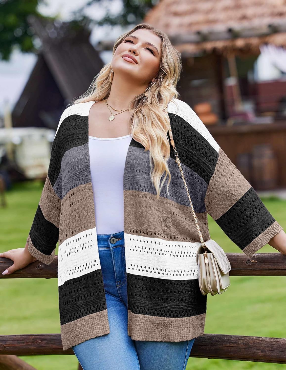 IN'VOLAND Plus Size Crochet Cardigan for Women Summer Lightweight 3/4 Sleeve Kimono Boho Open Front Knitted Cardigans - Image 2