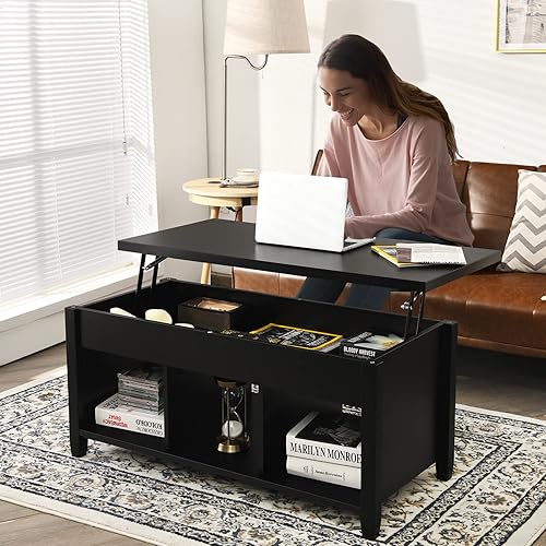Miniatura 9 de COSTWAY Mesa auxiliar elevable, con compartimento de almacenamiento oculto y 3 estantes abiertos, mesa de té rectangular de cóctel con patas de