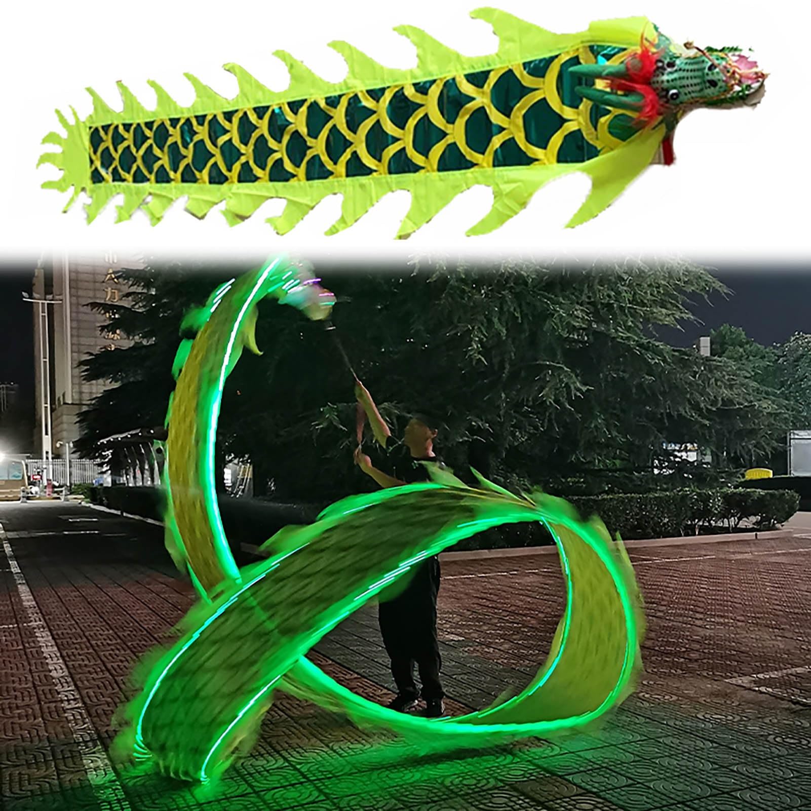 Jongliertücher Leuchtendes Drachen-Poi-Band, 3,0 M 5 M, Schleuderndes Seiden-Streamer-Spielzeug mit 3D-echtem Drachenkopf, Spiralförmig Schleudernde Wu-Lang-Kombination, Fließendes, Schüttelndes Poi(G