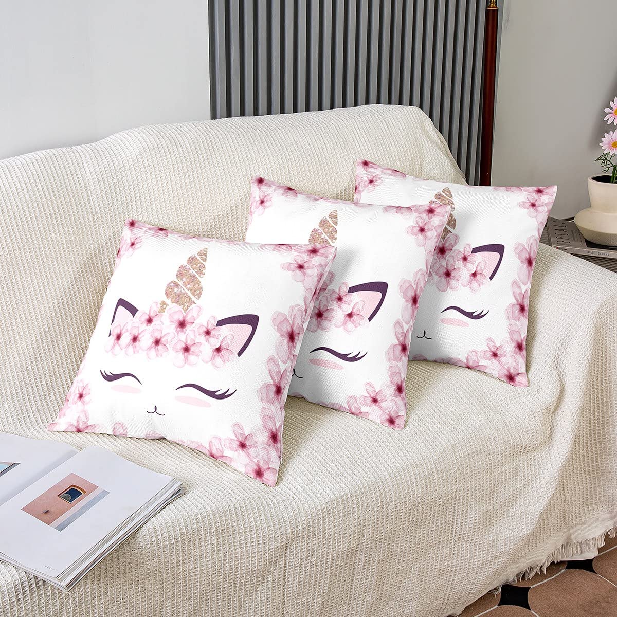Bambini Unicorno Federe 60 x 60 cm Morbide Fantastiche Le Cheval Federa per cuscino per ragazza Cute Unicorno Decorativo Set di 2 federe per cuscino rosa ciliegia fioritura