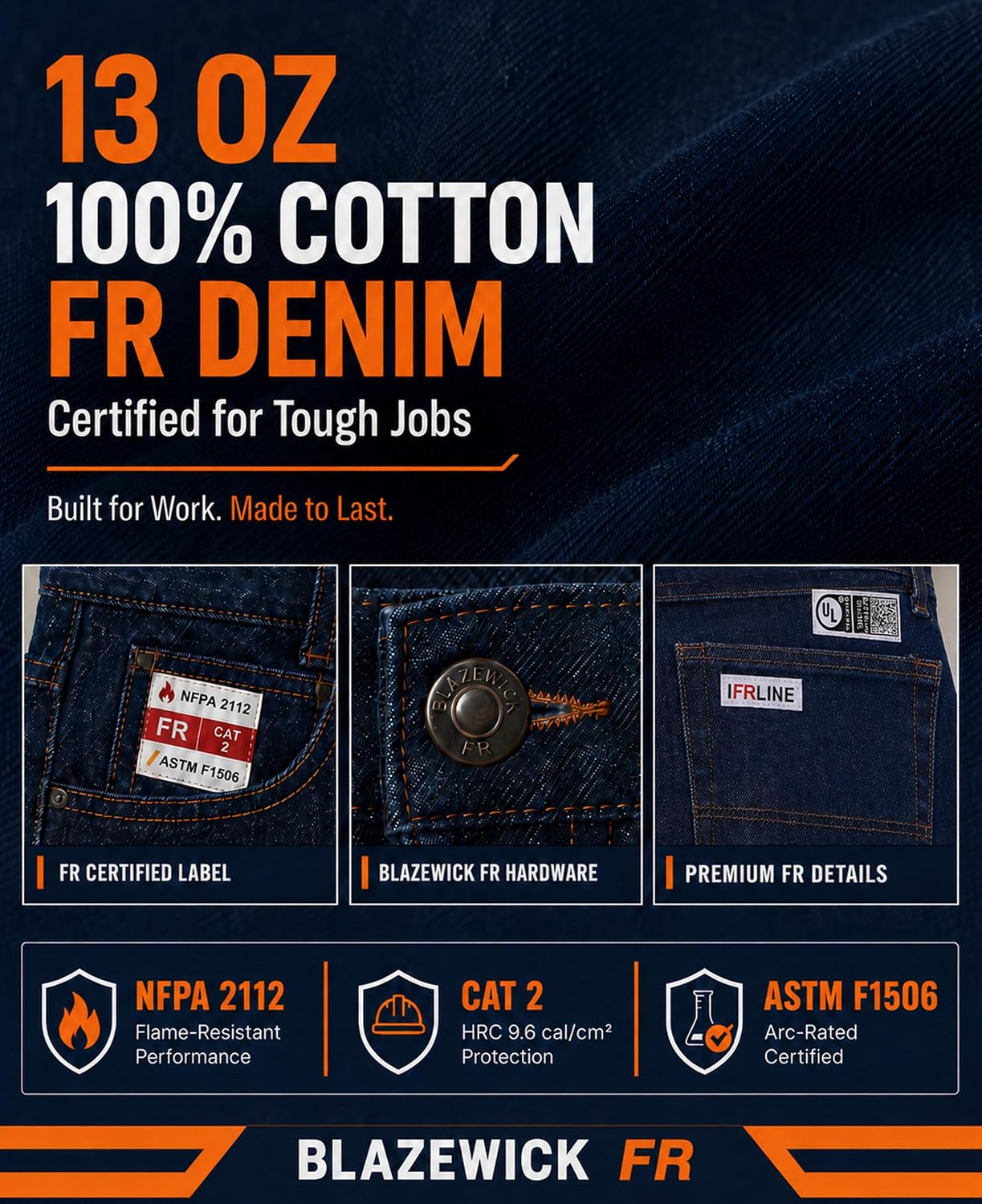 BLAZEWICK FR Jeans for Men –13oz 100% FR Cotton, NFPA2112/NFPA70E Certified, ATPV 16 Cal/cm², Durable Cargo Pants CAT2
