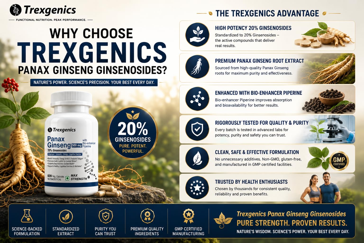 Trexgenics PANAX (Red/Korean) GINSENG 20% Ginesenosides 500mg Premium with Bio-enhancer Piperine 5mg Adaptogen, Immunity, Energy, Cognitive Function(60 Vcaps) (Pack of 3) 4