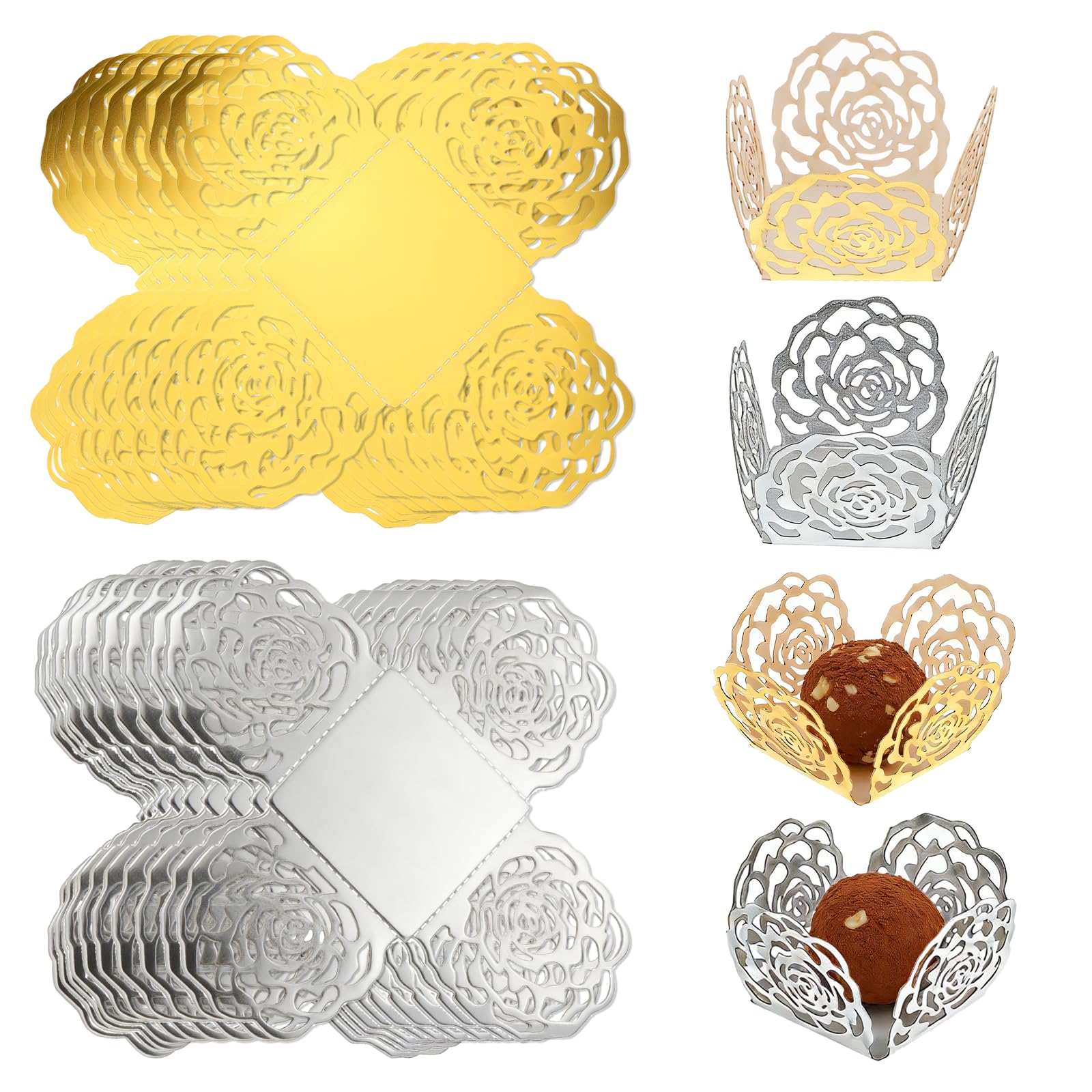 50PCS Truffle Wrapper Liners, Mini Cupcake Candy Dessert Tray for Birthday Wedding Decoration, Chocolate Candy Transfer Sheets for Baking, Packing Paper for Muffins(Gold & Silver)