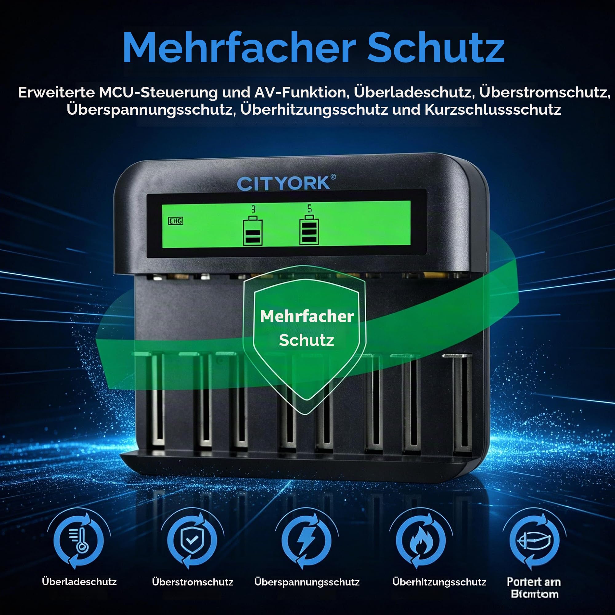 CITYORK Akku Ladegerät mit 6 D Cell 10000mAh wiederaufladbare Batterien mit 8 Slots Batterie Ladegerät für AA AAA CD NI-MH Akku LCD Anzeige