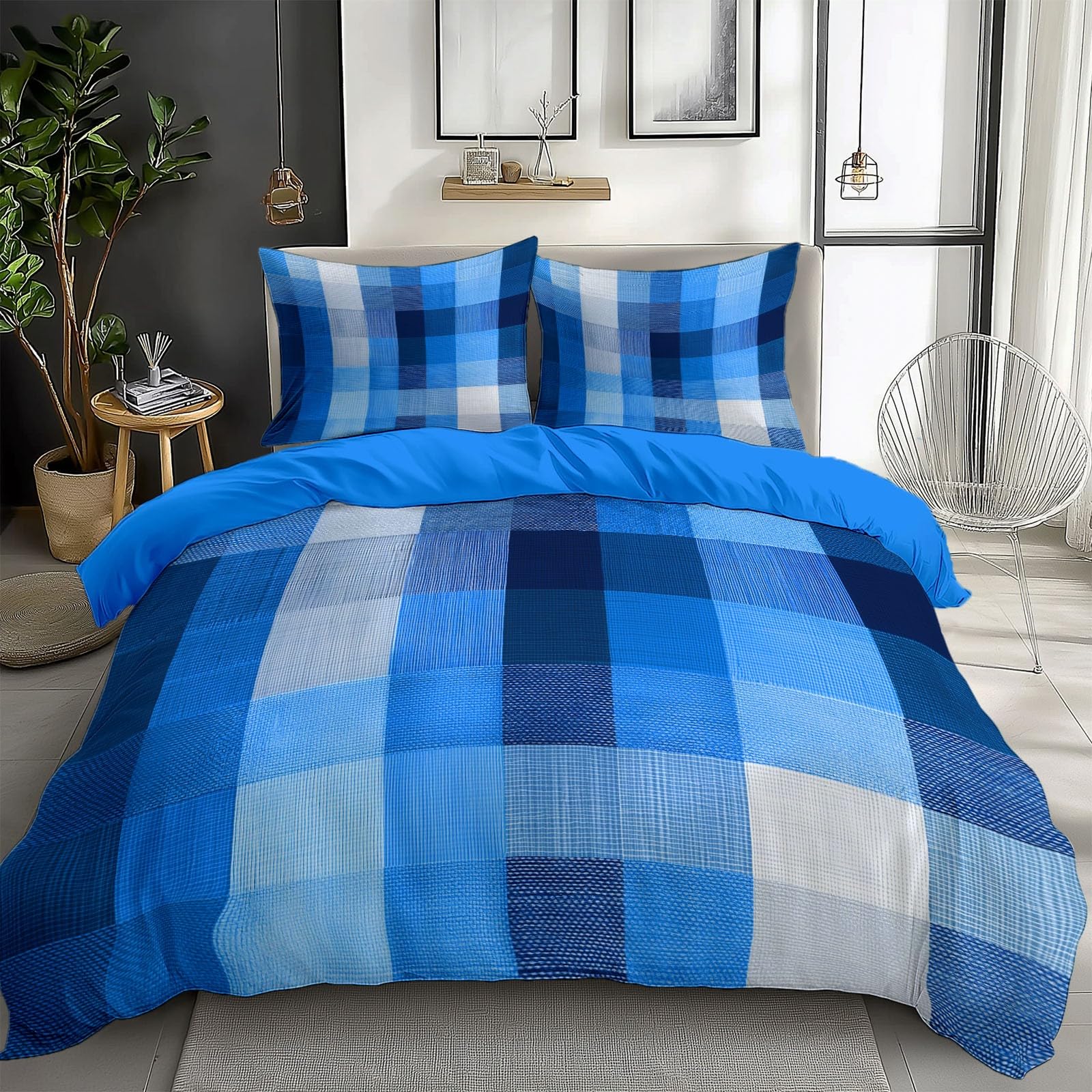Parure de lit 200x200 cm en tissu doux anti-plis pour chambre enfant et ado bleu blanc