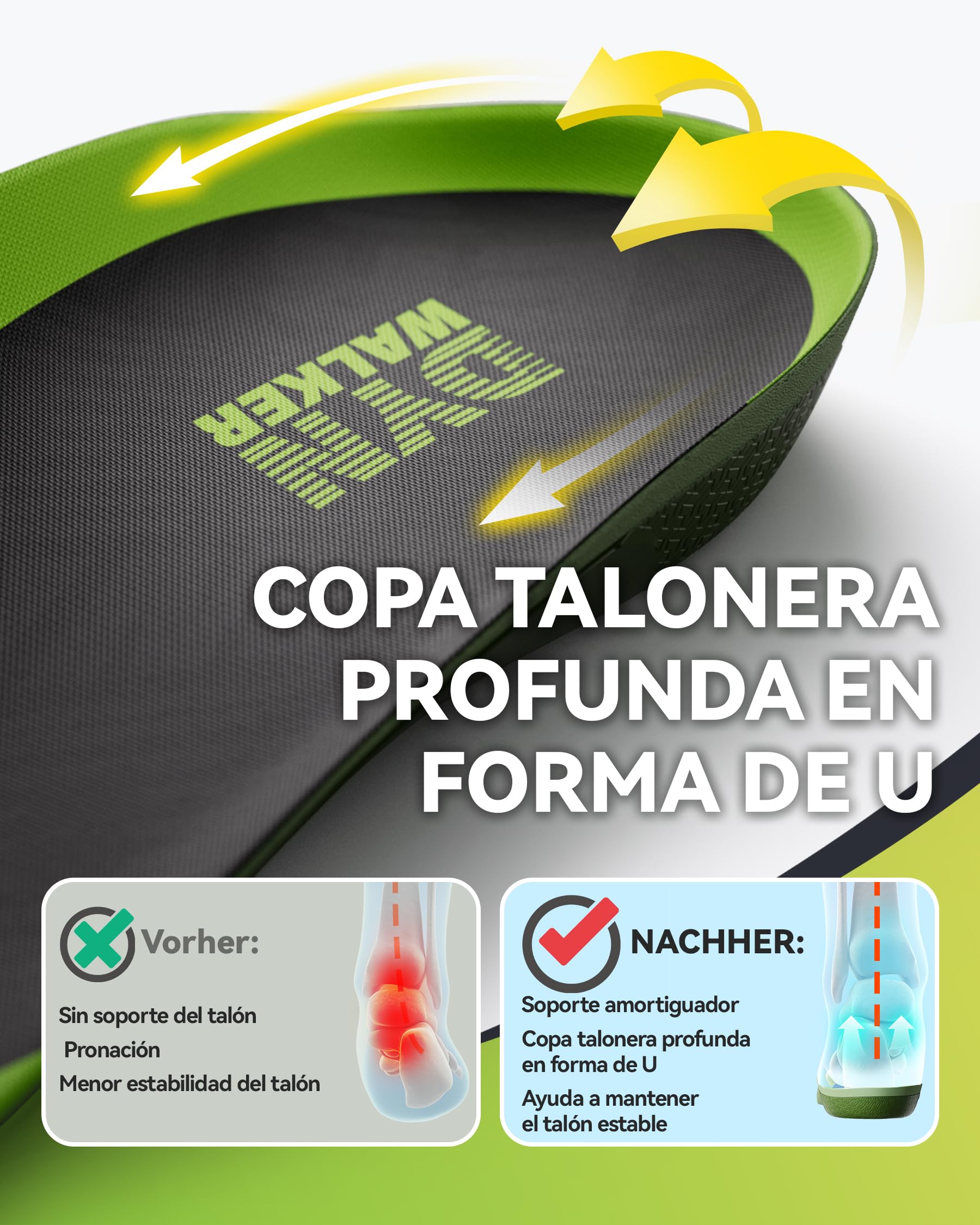 DynWalker plantillas arco plantar，plantillas para fascitis plantar – Estructura Biomecánica 35mm，para Pronadores, Presión del Talón, Metatarsalgia y Estar de Pie Prolongado – Confort Amortiguado，XL