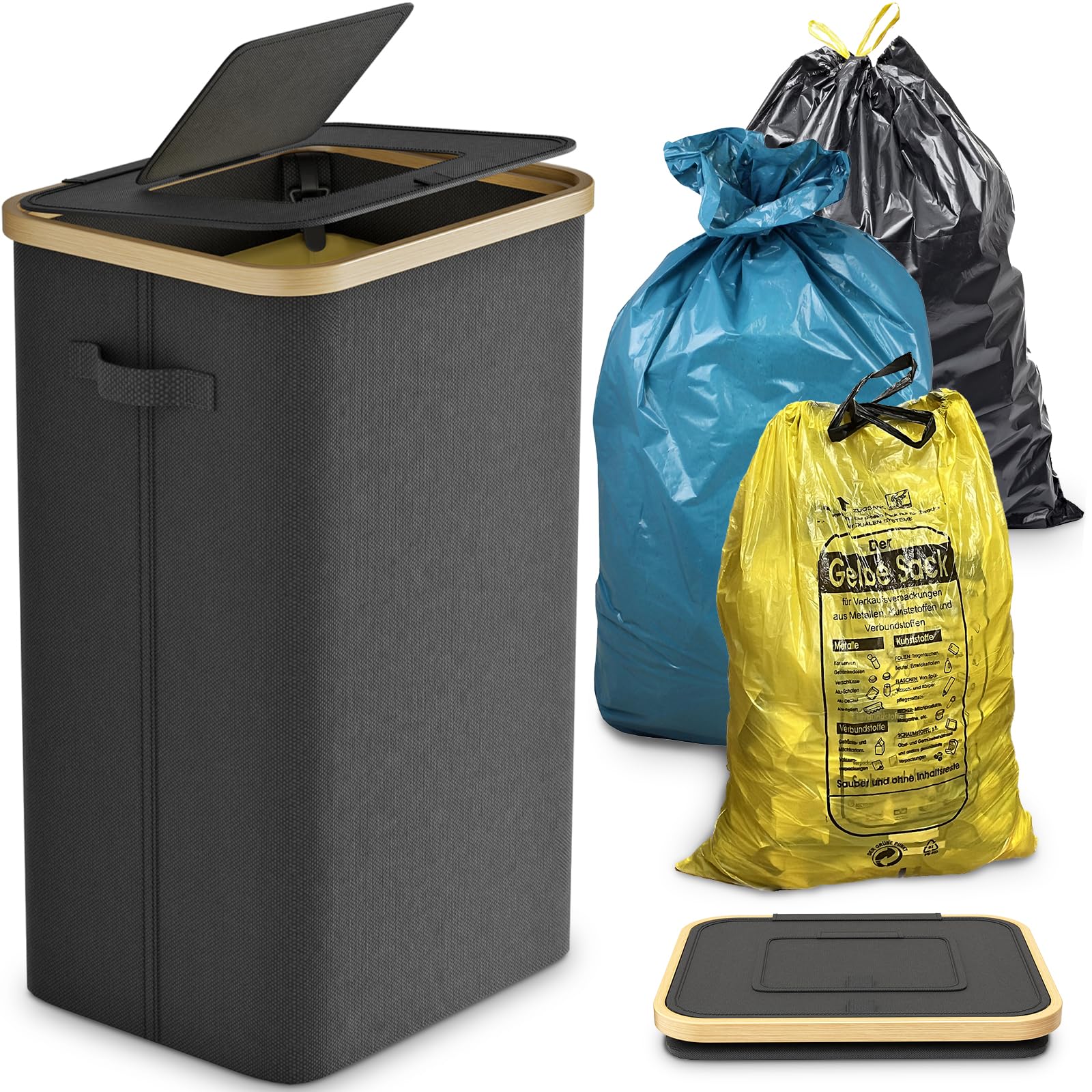 DOKRVLOQ Gelber Sack Ständer Stabil mit Deckel - Großer Mülleimer & Müllsackhalter für Küche & Haushalt | 70L-120L Müllsystem Behälter Schwarz - Praktischer Müllsackständer