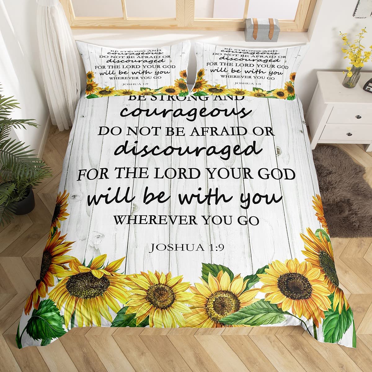 Sunflower Bedding Set Super King Bible Verse Sunny Flowers Comforter Cover For Kids Child,Inspirational Quotes Duvet Cover Botanical Garden Floral Quilt Cover Rural Pastoral Style Rustic Room Decor — image 1
