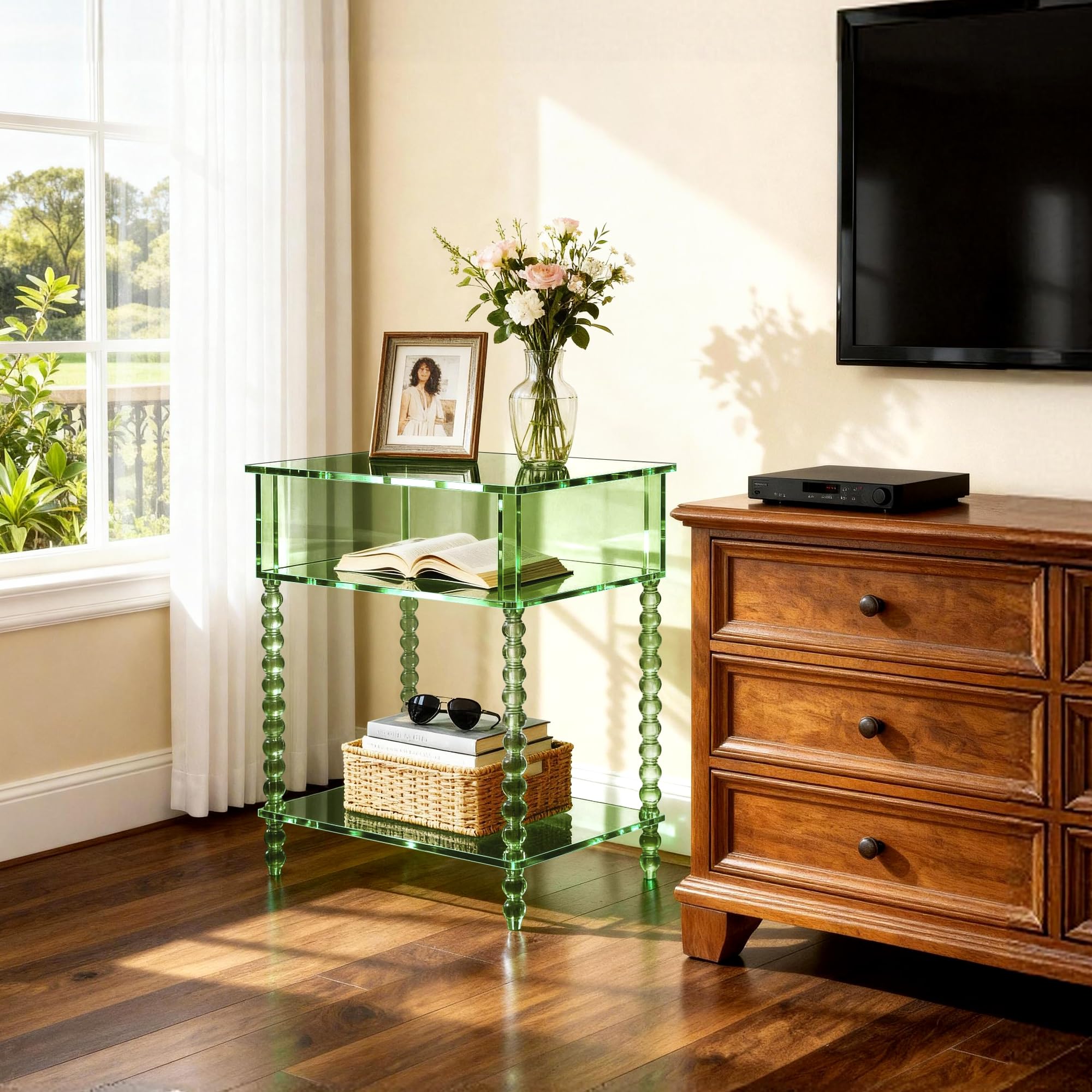 Acrylic Side Table, Clear 3-Tier End Table with Storage, Nightstand for Living Room, Bedroom, Office (Green, Large)