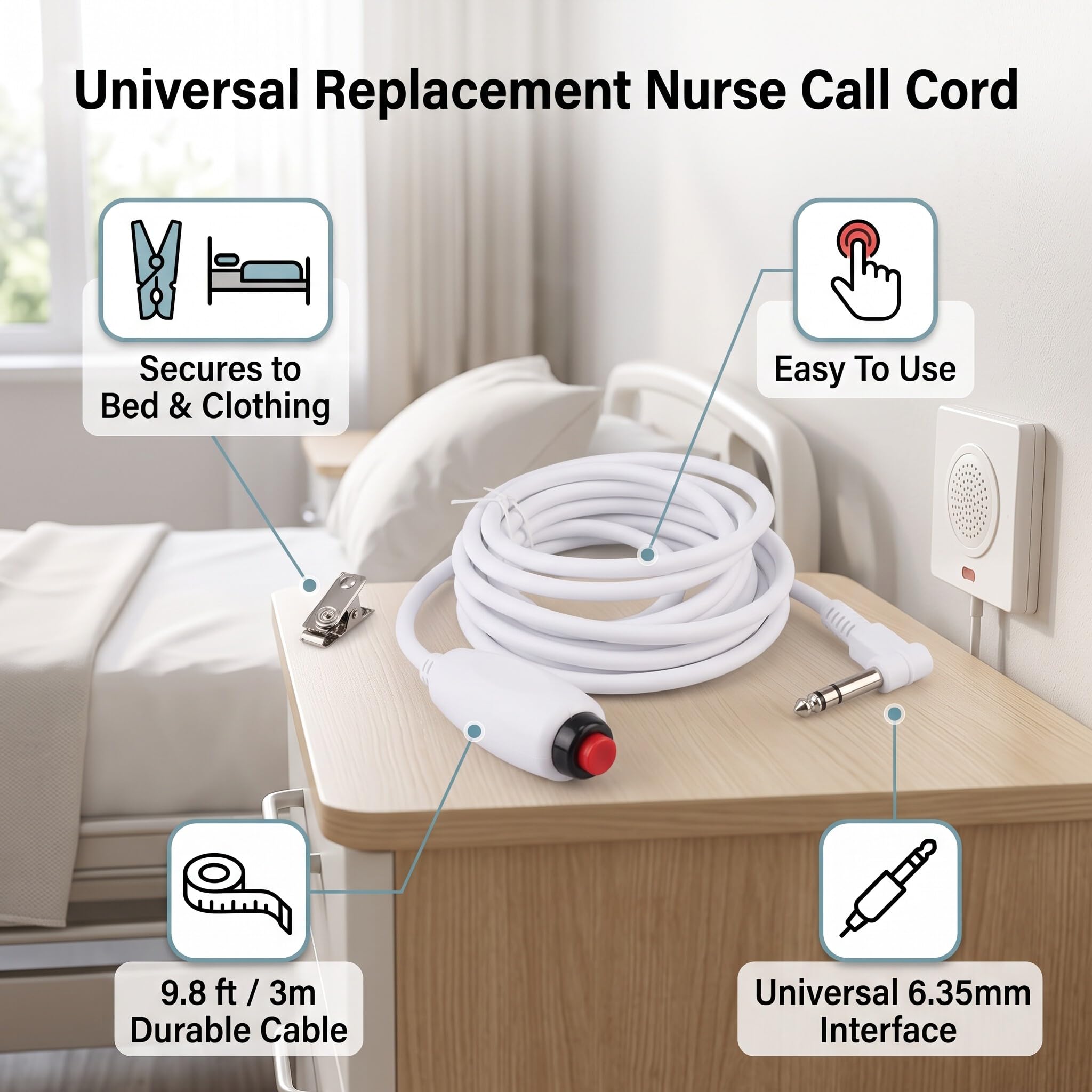 Câble d'Appel Infirmier Universel avec Bouton d'urgence, Interface 6,35mm, Compatible avec Système d'Appel Intercall