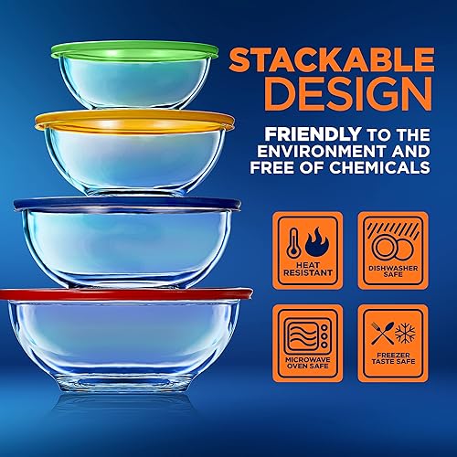 Miniatura 5 de NutriChef Paquete de 4 cuencos de vidrio para mezclar con tapas sin BPA, apilables para ensaladas (1 cuarto de galón, 1.6 cuartos de galón, 2.5