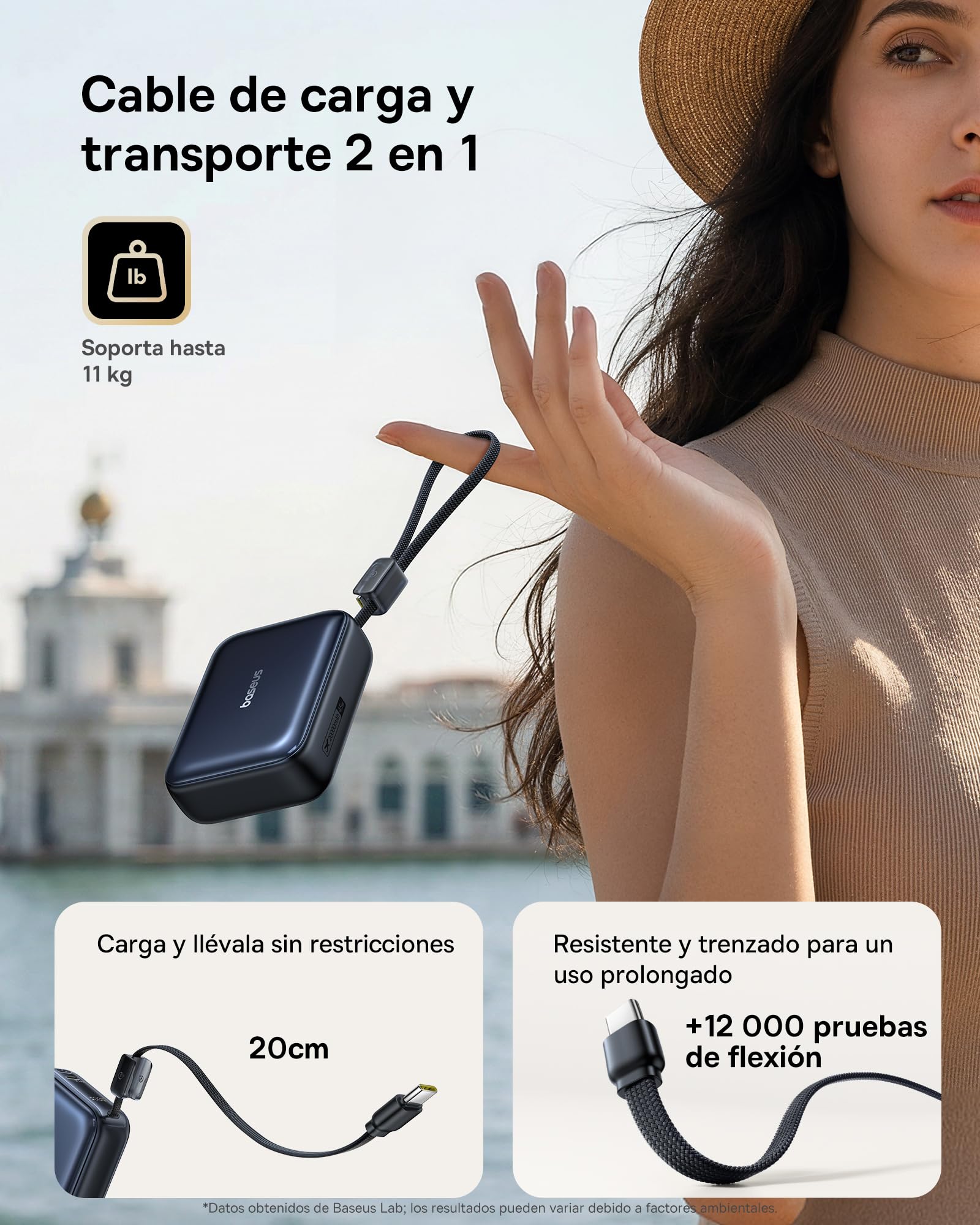 Baseus AC22 Mini Powerbank 20000mAh, Batería Externa Portátil Carga Rápida PD 45W con Cable USB-C Integrado, Power Bank Compacta para iPhone 17/16/15, Samsung S26/S25 Ultra, iPad y Pixel 10/9