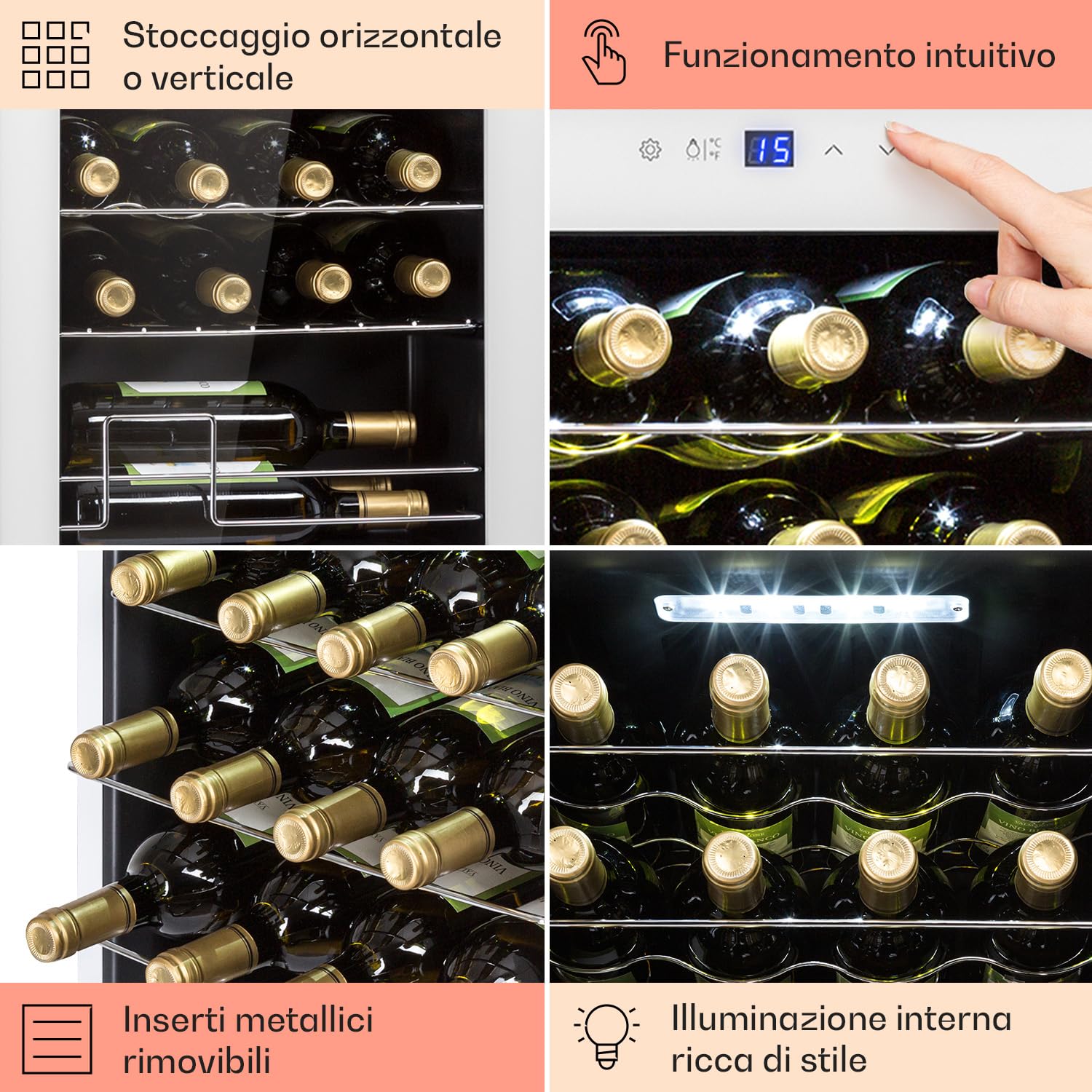 KLARSTEIN Cantinetta Vino Design, Cantinetta Vino Refrigerata a Zona Singola per Vino Rosso, Bianco e Birra, Controlli Touch, Frigo Vino Cantinetta per Esterno/Interno, 5-18°C, 74L, 28 Bottiglie