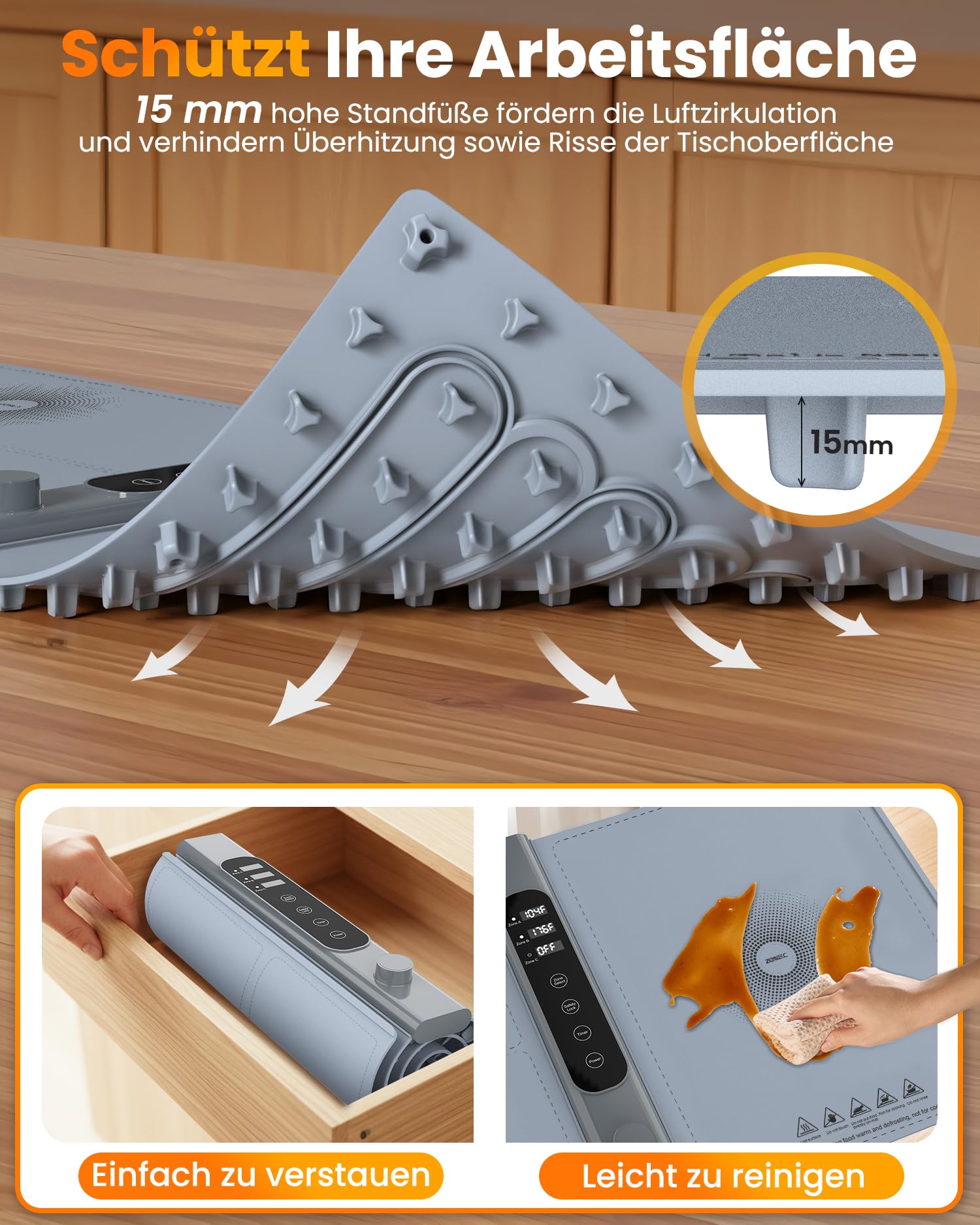 3-Zonen unabhängige Warmhalteplatte für Speisen 101×43 cm XXL | Elektrische Speisenwärmer mit 17 Temperaturstufen 6h Timer,Silikon-Rollbarer Buffetwärmer Wärmeplatte Essen für Party-Buffets