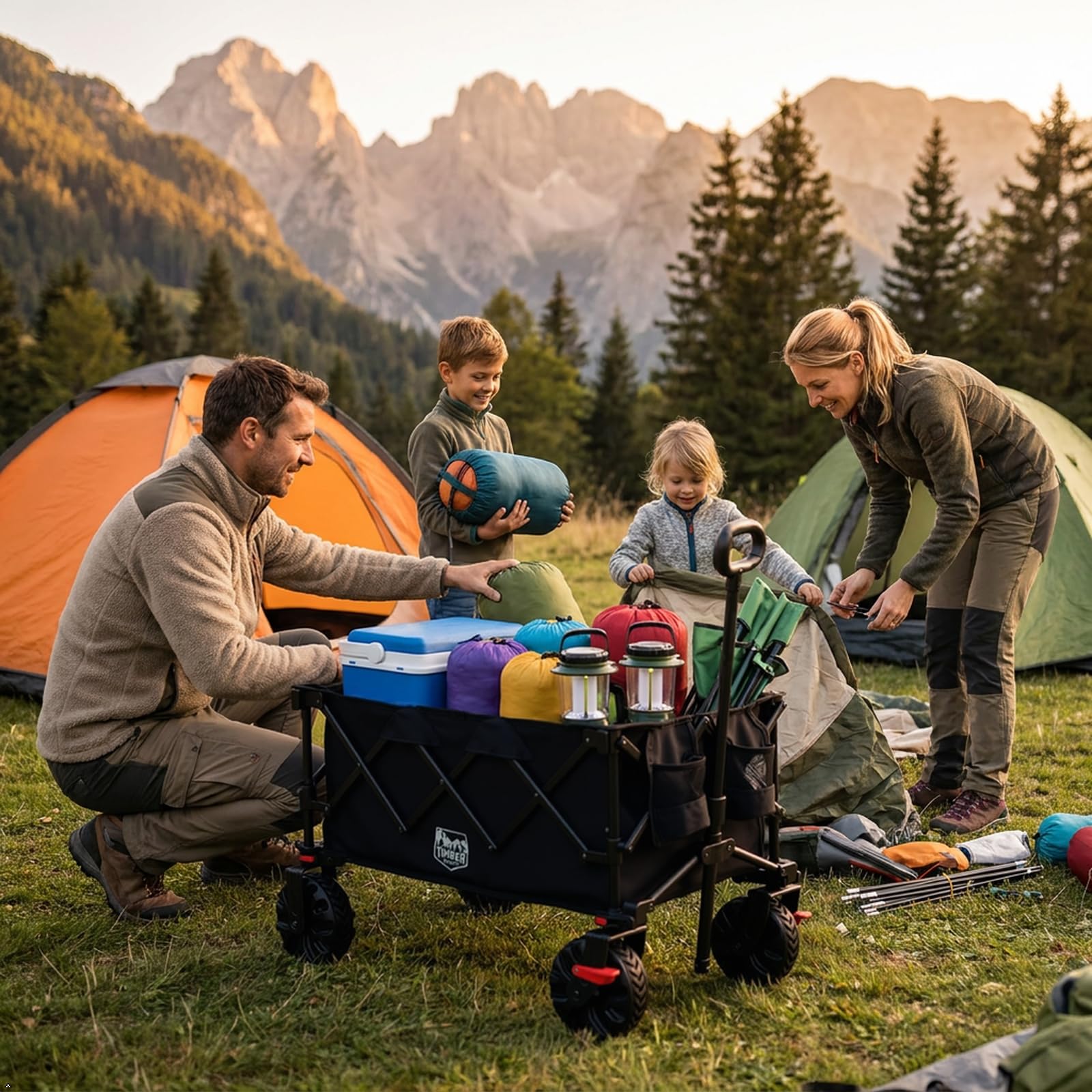 TIMBER RIDGE XXL Bollerwagen Faltbar 250L Breite Reifen mit Bremsen Strandwagen Klappbar 150KG Belastbar mit Getränkehalter All Terrain Transportwagen für Camping Einkaufen Garten