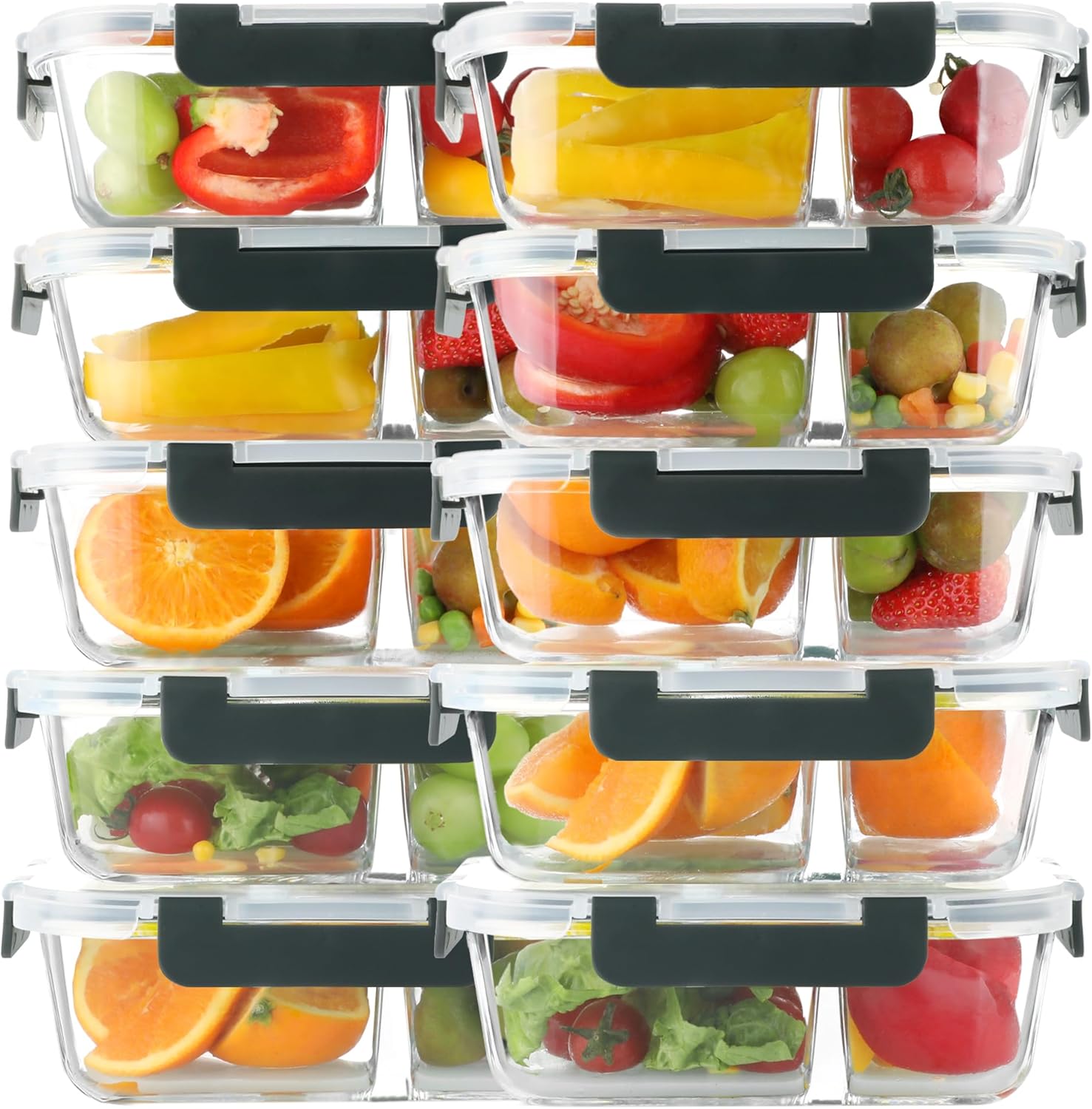 BAYZZ 10 Pack 30 oz Glass Meal Prep Containers 2 Compartments, Glass Storage Containers with Lids, Airtight Lunch Bento Box, BPA-Free, Freezer and Microwave Safe Gray
