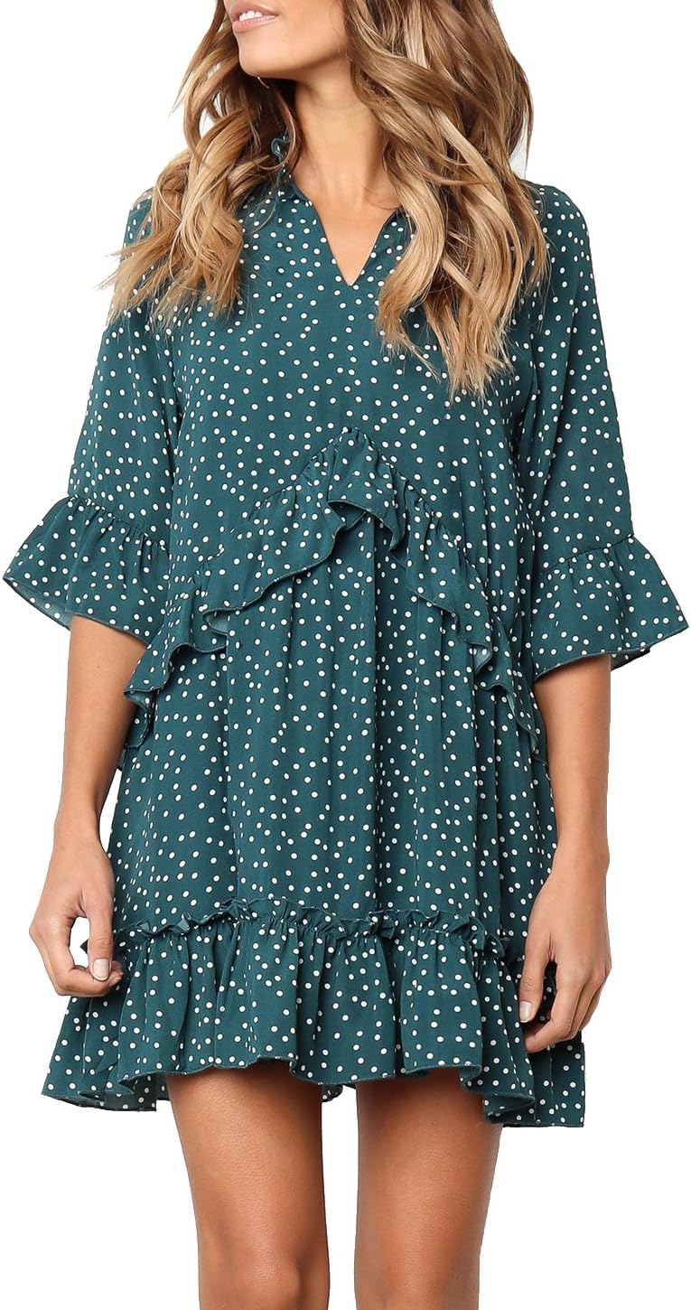 MITILLY Women's V Neck Ruffle Polka Dot Pocket Loose Swing Casual Short T-Shirt Dress
