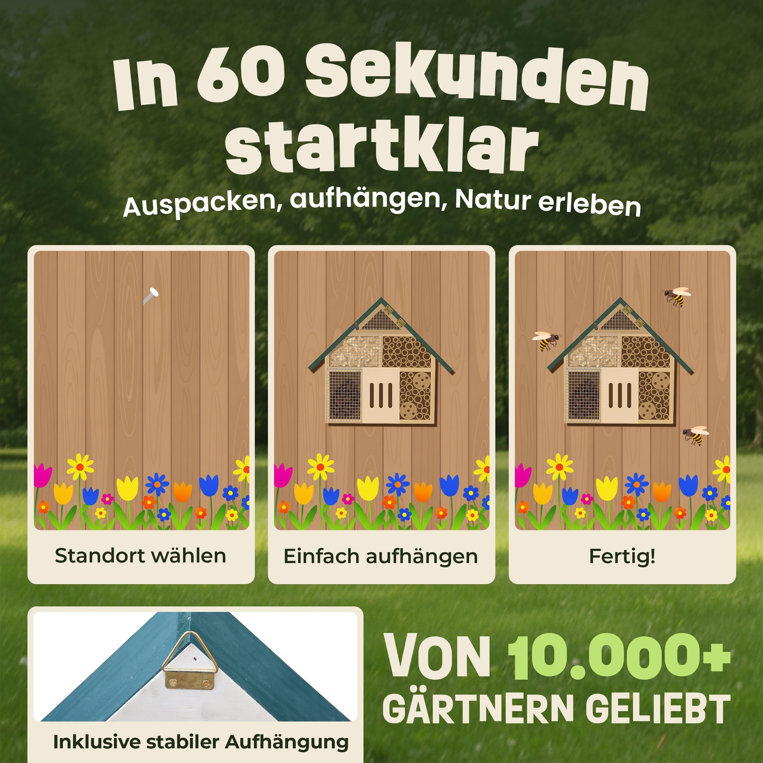 zooprinz Insektenhotel kompakt aus Holz 28,5 cm grünes Dach | Wetterfestes Insektenhaus und Bienenhotel, Nisthilfe mit Bambus-Röhrchen für Wildbienen, Garten und Balkon