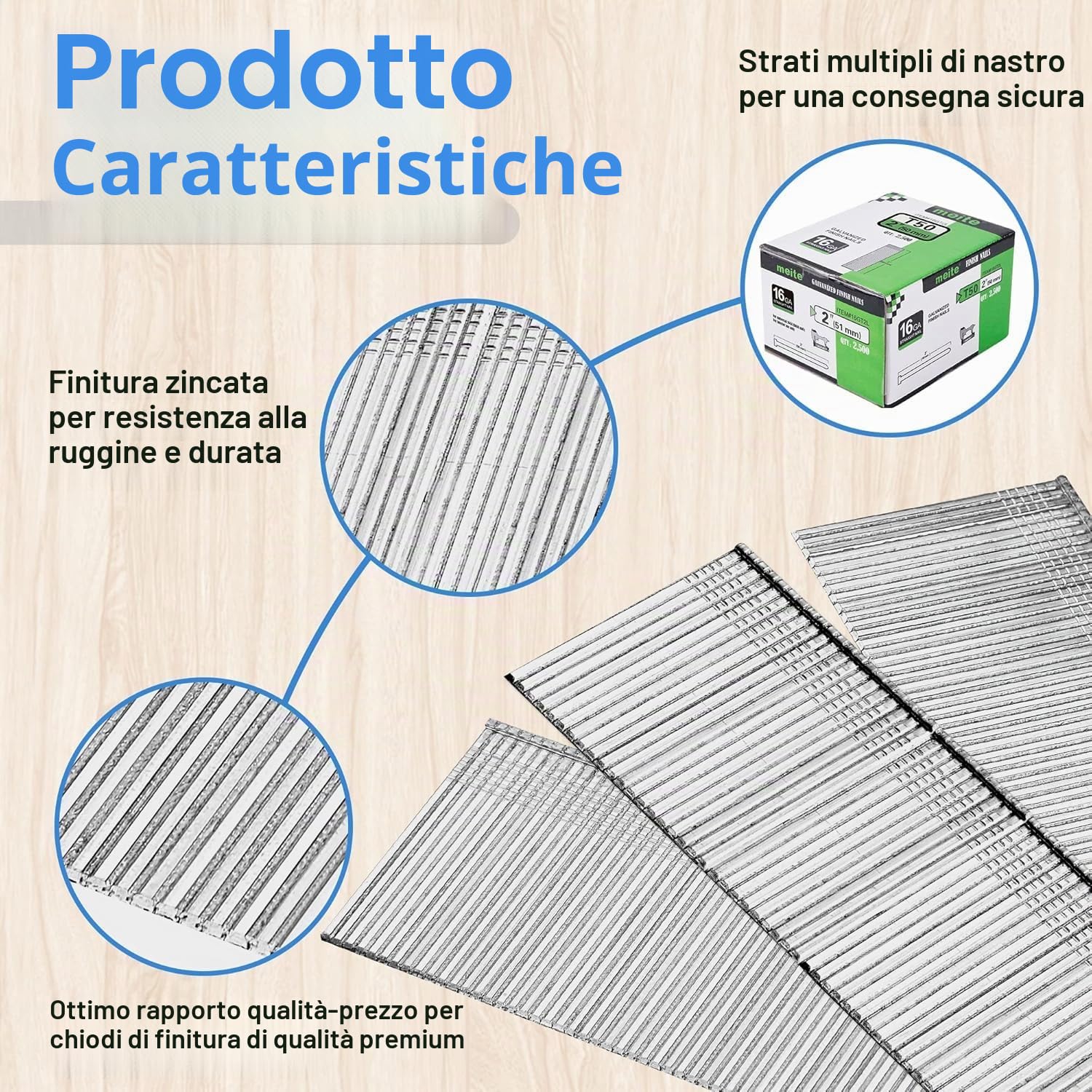 meite Chiodi dritti T50 da 16 gauge, lunghezza 50 mm, zincati, per pistole chiodatrici, ideali per la lavorazione del legno, tappezzeria e progetti di inquadratura (2.500 pezzi)
