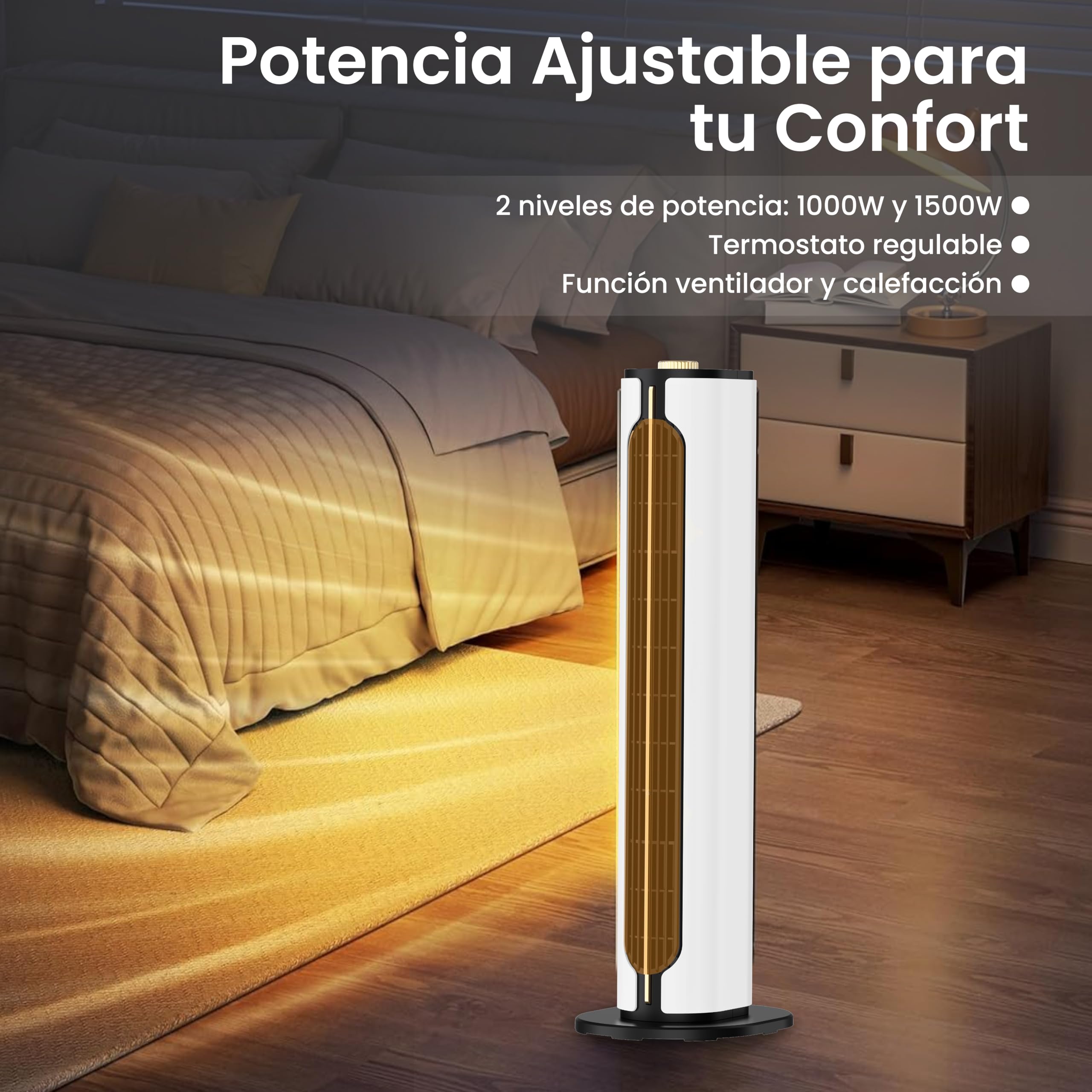 Termoventilador vertical cerámico 1500W | Calefactor eléctrico portátil con 2 potencias, 3 funciones, termostato regulable, oscilación y sistema antivuelco (Blanco)