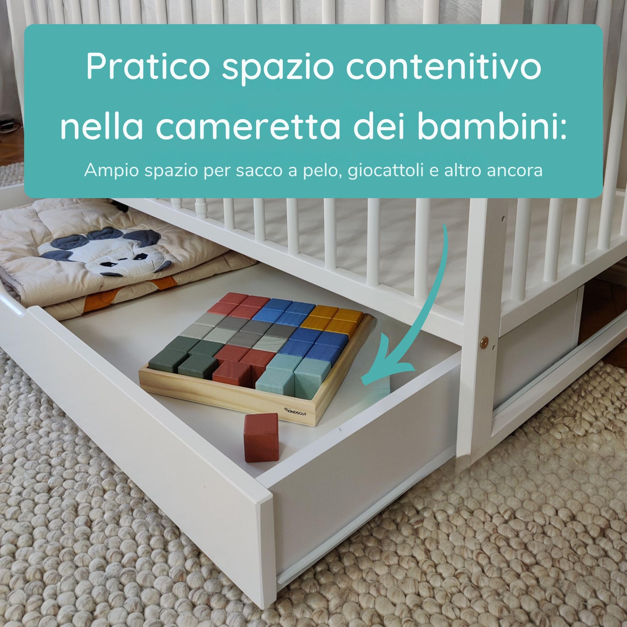 Kids Collective Lettino per neonati 60x120 con sponde Lettino che cresce con il bambino rete a doghe regolabile in altezza con sponde rimovibili & cassetto bianco Legno massello di pino