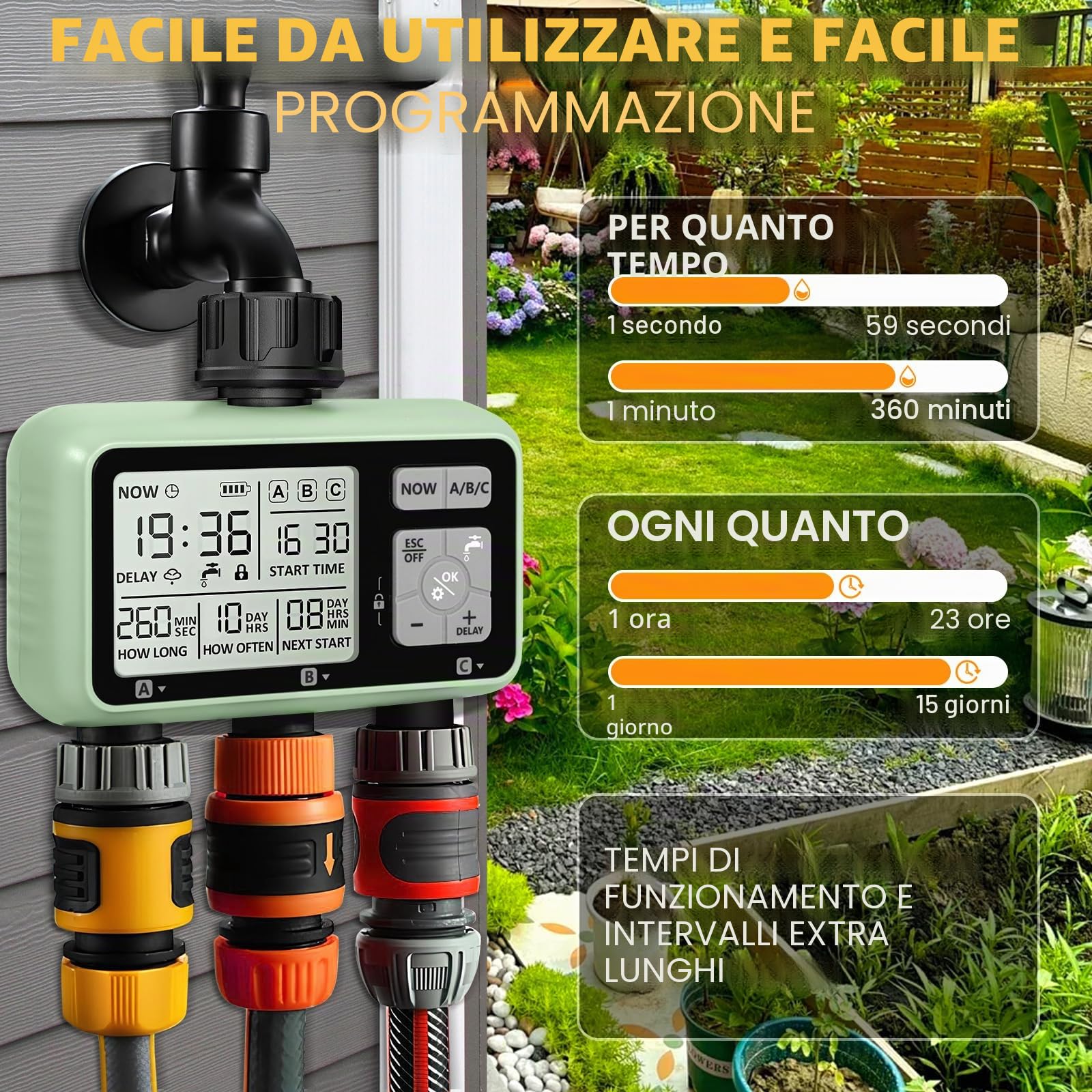 Temporizzatore di Irrigazione Automatico,Timer per l'irrigazione del Giardino con Display LCD,Temporizzatore di Irrigazione Manuale/Modalità Blocco Bambini/Ritardo Pioggia/Impermeabilità IPX5