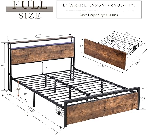 Miniatura 2 de Marco de cama de tamaño matrimonial, marco de cama matrimonial con 2 cajones de almacenamiento, marco de cama de plataforma con cabecera de