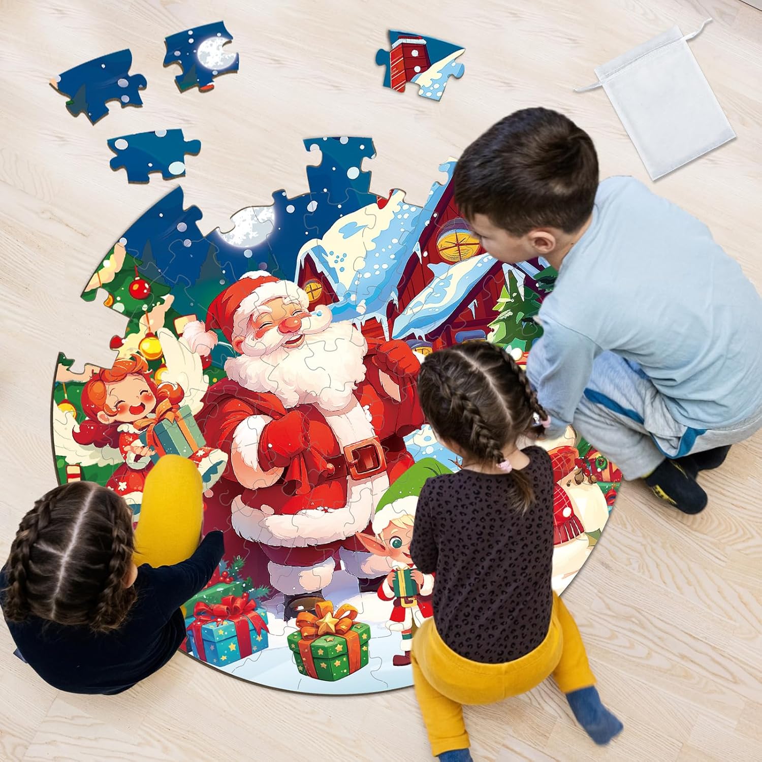 ZOIIWA 22.8Inch Christmas Jumbo Floor Puzzle for Kids Xmas Tree Santa Large Round Puzzles for Toddler 3-8 Years Children Winter Holiday Snowman Educational Toys Jigsaw Puzzles Gift for Boy Girl 71pcs
