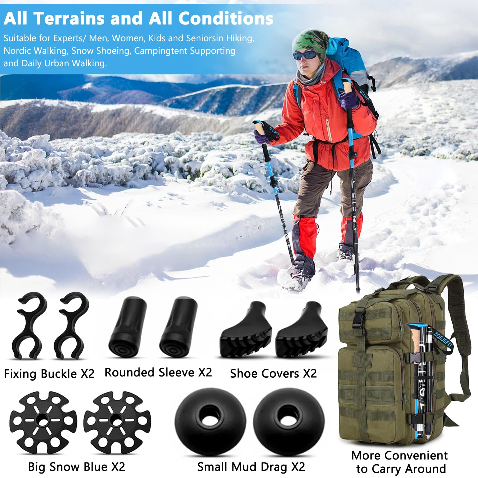 Bastoni Trekking Bastoncini da Trekking, 2 Pezzi Nordic Walking Bastoncini Pieghevole Regolabile 108-135cm, Bastoncini Trekking Carbonio Alluminio 7075 con 5 Paia di Puntali in Gomma