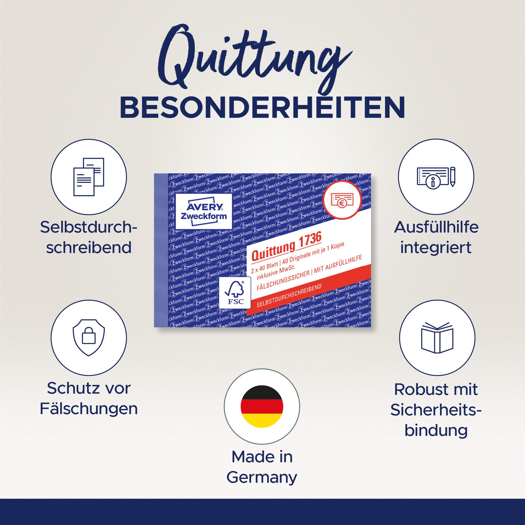 AVERY Zweckform 1736-10 Quittungsblock (A6 quer, 2x40 Blatt, mit Durchschlag, fälschungssicher, inkl. MwSt., für Deutschland und Österreich) 10er-Pack, weiß/gelb