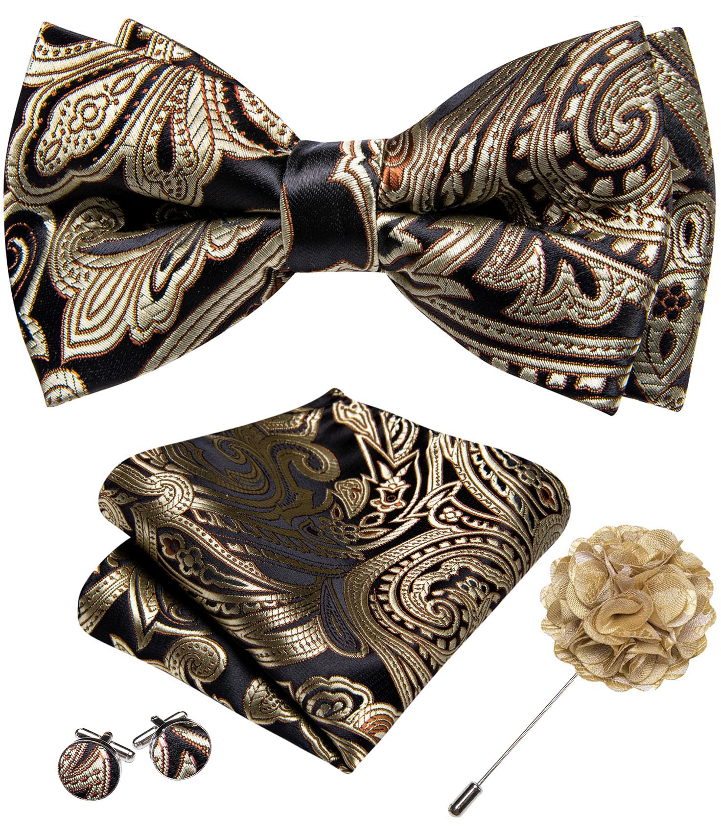 YOHOWA Mens Bow Tie Paisley Coloful Pre-tied Bowties Handkerchief Cufflinks