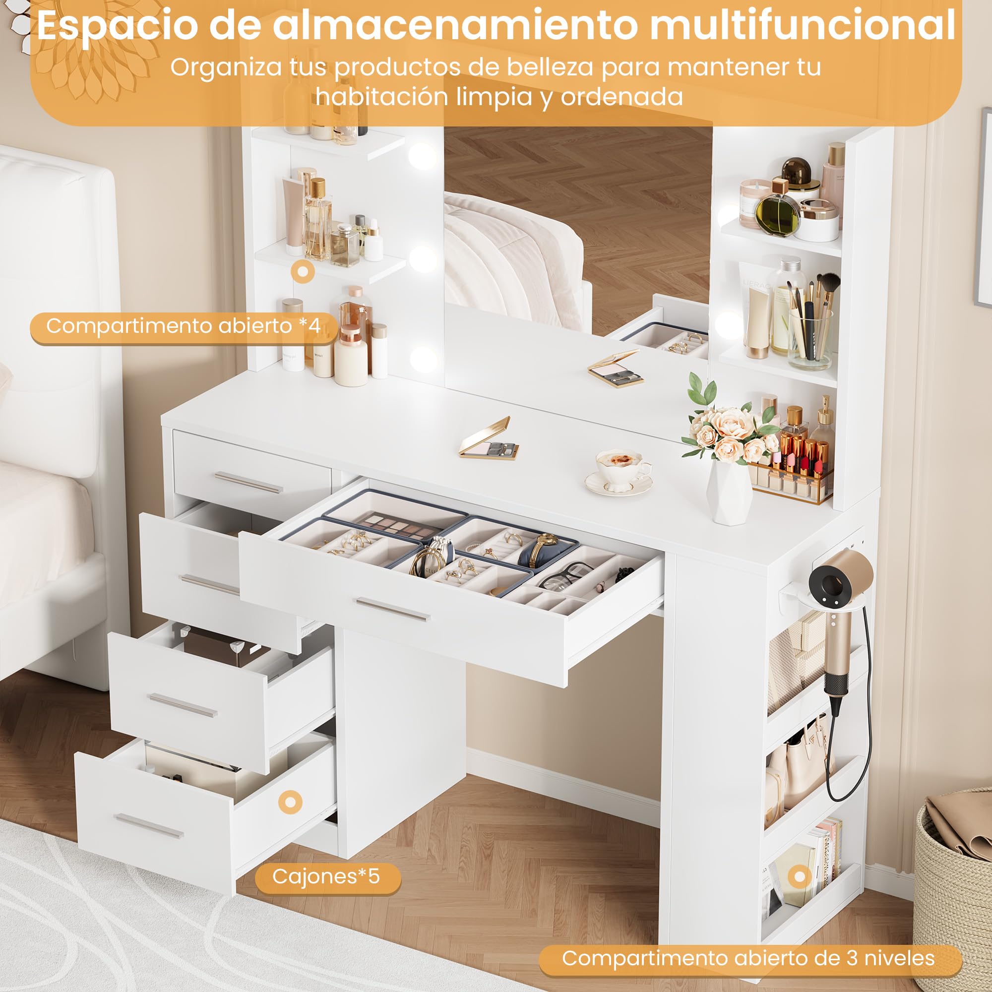 Tocador con Espejo y 10 Luces LED, 3 Estantes, 4 Compartimentos, 5 Cajones, 3 Luces Ajustables, Blanco