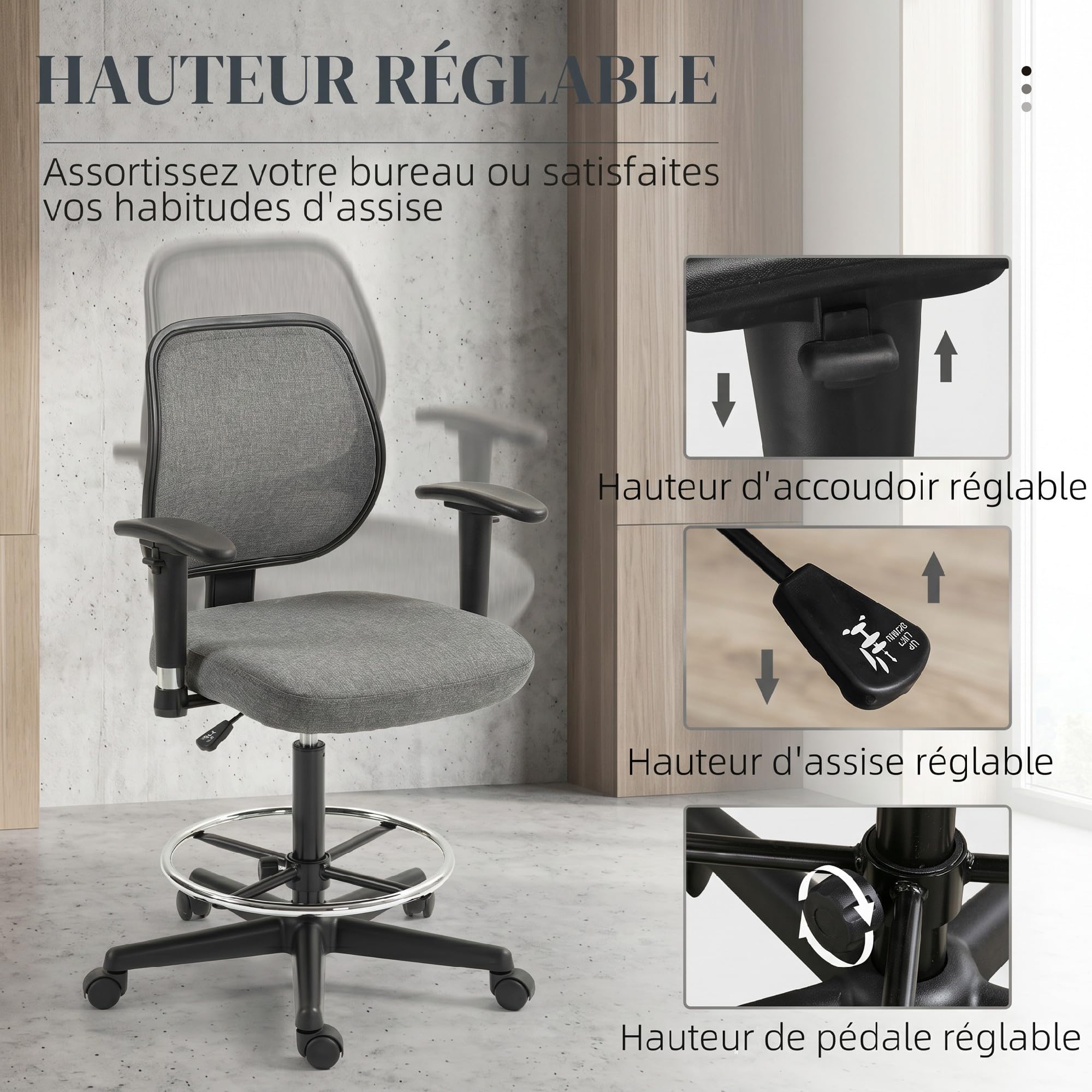 Vinsetto Fauteuil de Bureau Assise Réglable 60L x 57P x 97-119H cm Gris