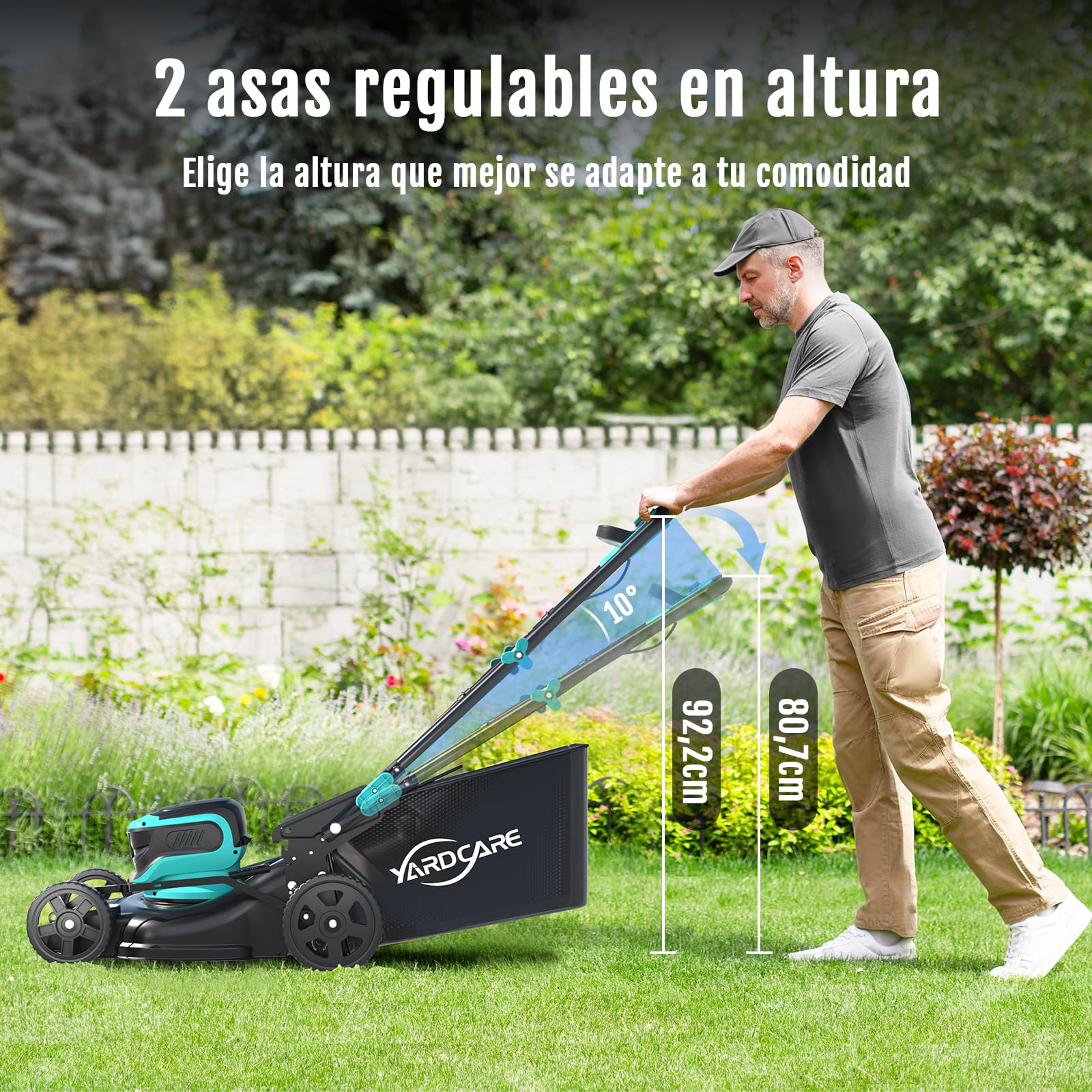 YARDCARE Cortacesped Electrico(Hasta 675㎡, 36V, Ancho de Corte 41cm)Cortacesped Bateria con Ajuste de Altura de 7Etapas, Kit de Mulching&Bolsa de Paja de 45L, Mango Ajustable, Pantalla LED, Cargadores
