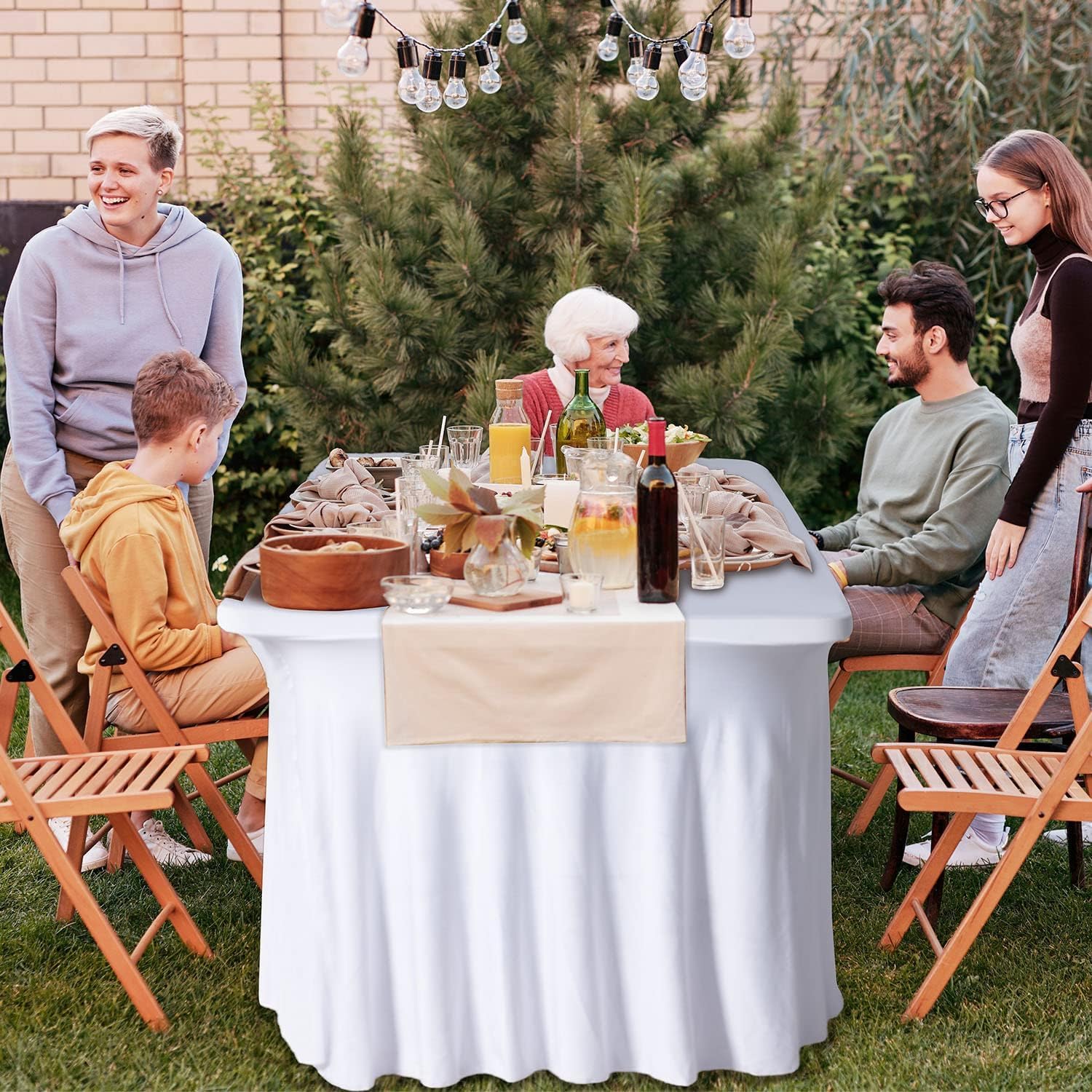 Spessore 2 in 1 Spandex Gonna da tavolo e copertura da tavolo 1.8m/1.2m, tovaglia rettangolare montata con gonna plissettata, Wrinkle Free tovaglia rettangolare(Bianco, 183 x 76 x 74 cm)