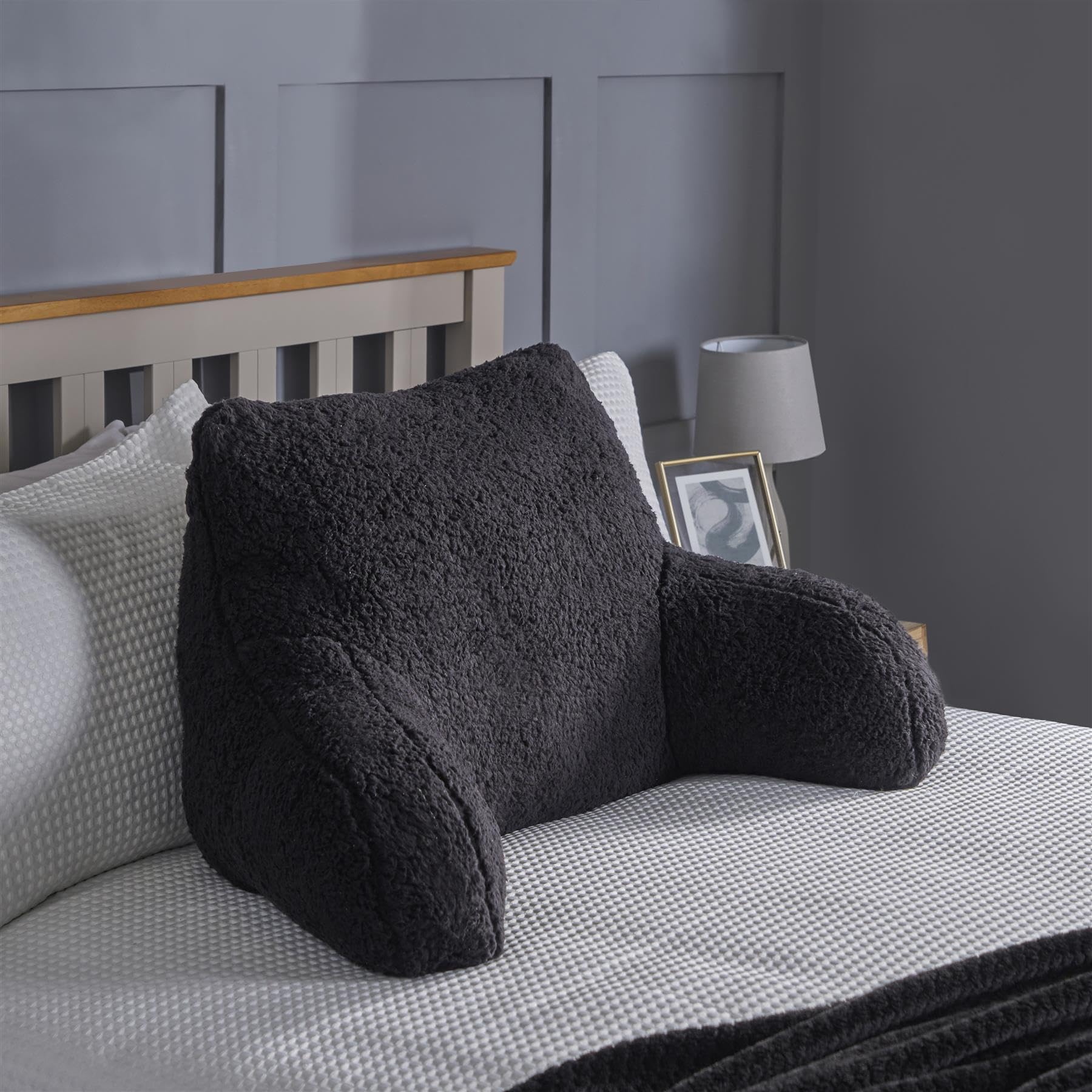 OHS Reading Pillow for Bed Adult, Teddy Fleece Cuddle Cushion Gaming Soft Cosy Supportive Fleece Pillow with Arms Snuggle Hug Relaxing at Home - Black