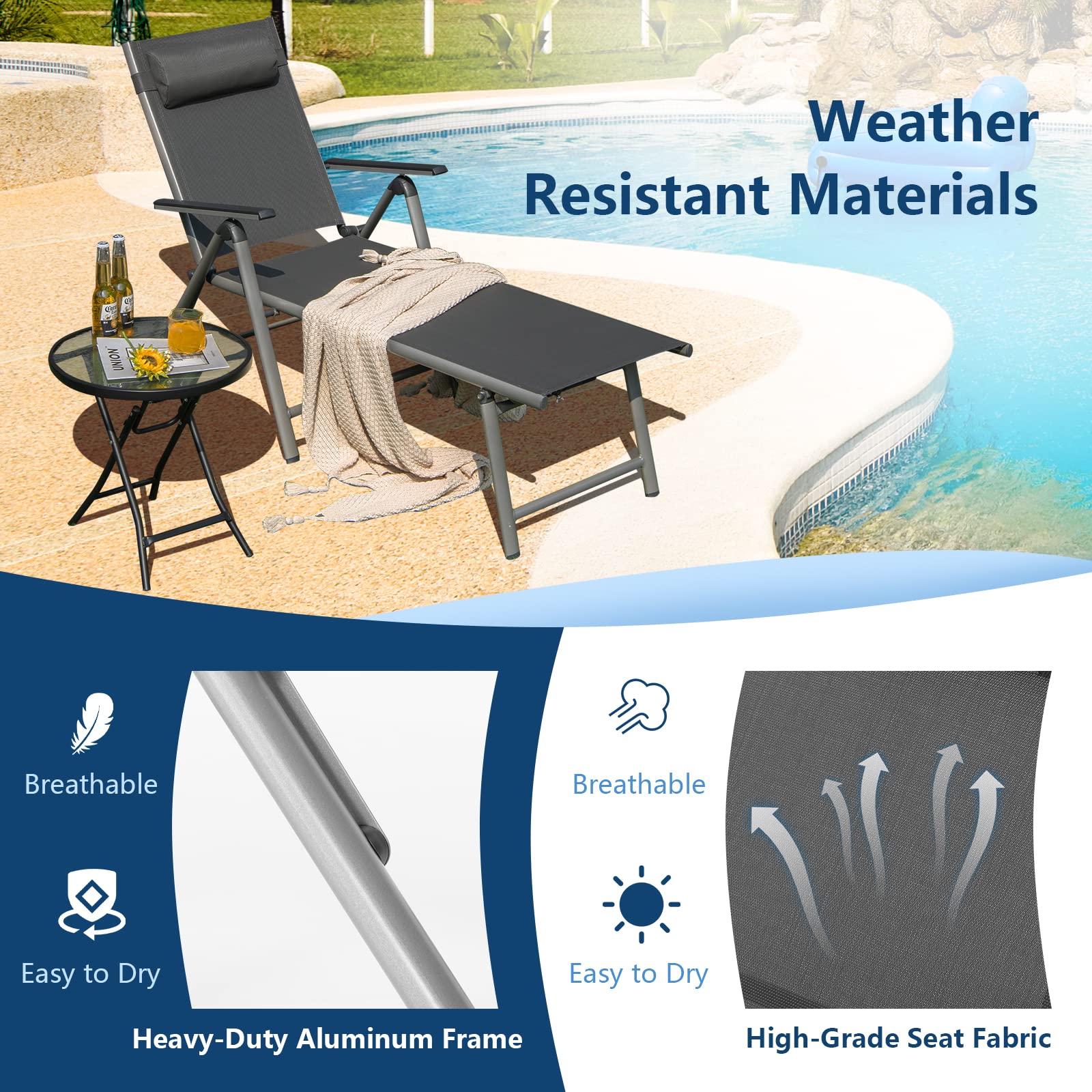 GIANTEX Sonnenliege Klappbar, Liegestuhl mit Rollen, Kopfkissen & 7 stufig Verstellbarer Rückenlehne, wetterfeste Gartenliege bis 150 kg belastbar, Relaxliege für Garten, Terrasse & Balkon