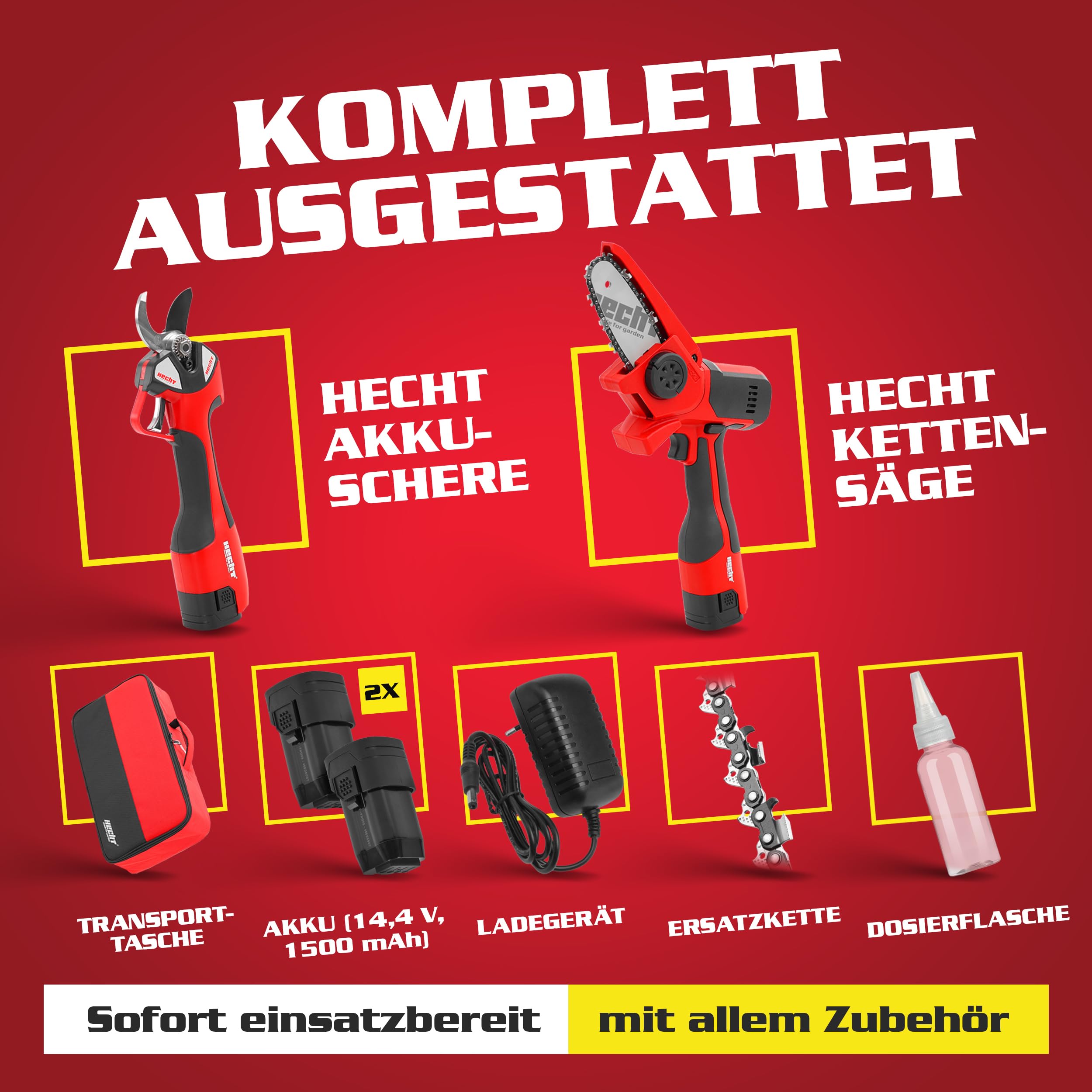 HECHT Akku Astschere 32 mm und Mini Kettensäge 14 cm 2 Akkus
