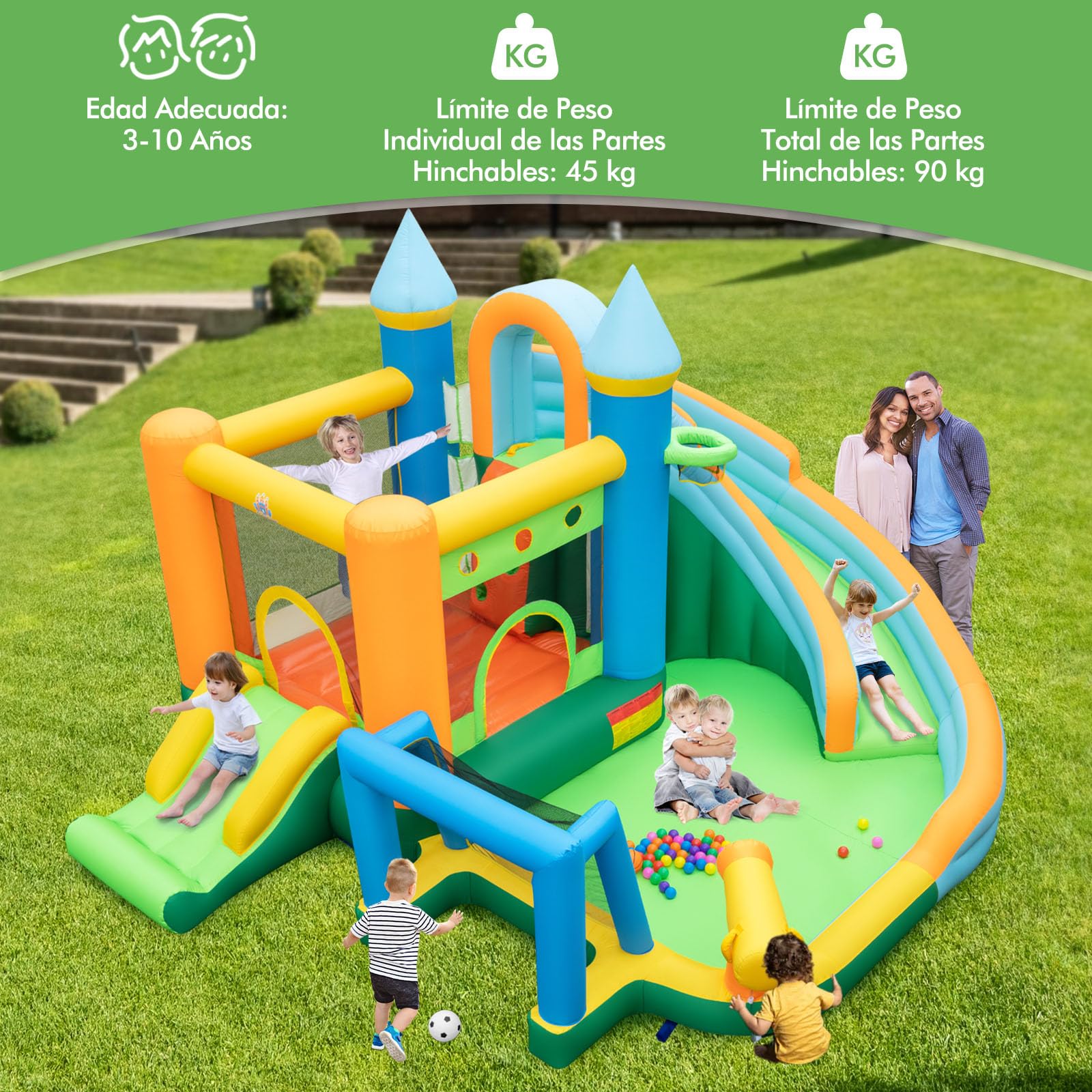GOPLUS Castillo Hinchable Acuatico para Niños de 3-12 Años, Castillo Inflable 2 en 1 con Pared de Escalada, Cañón de Agua, Piscina, Baloncesto y Tobogán, Casa Inflables Infantil (A Sin Soplador)