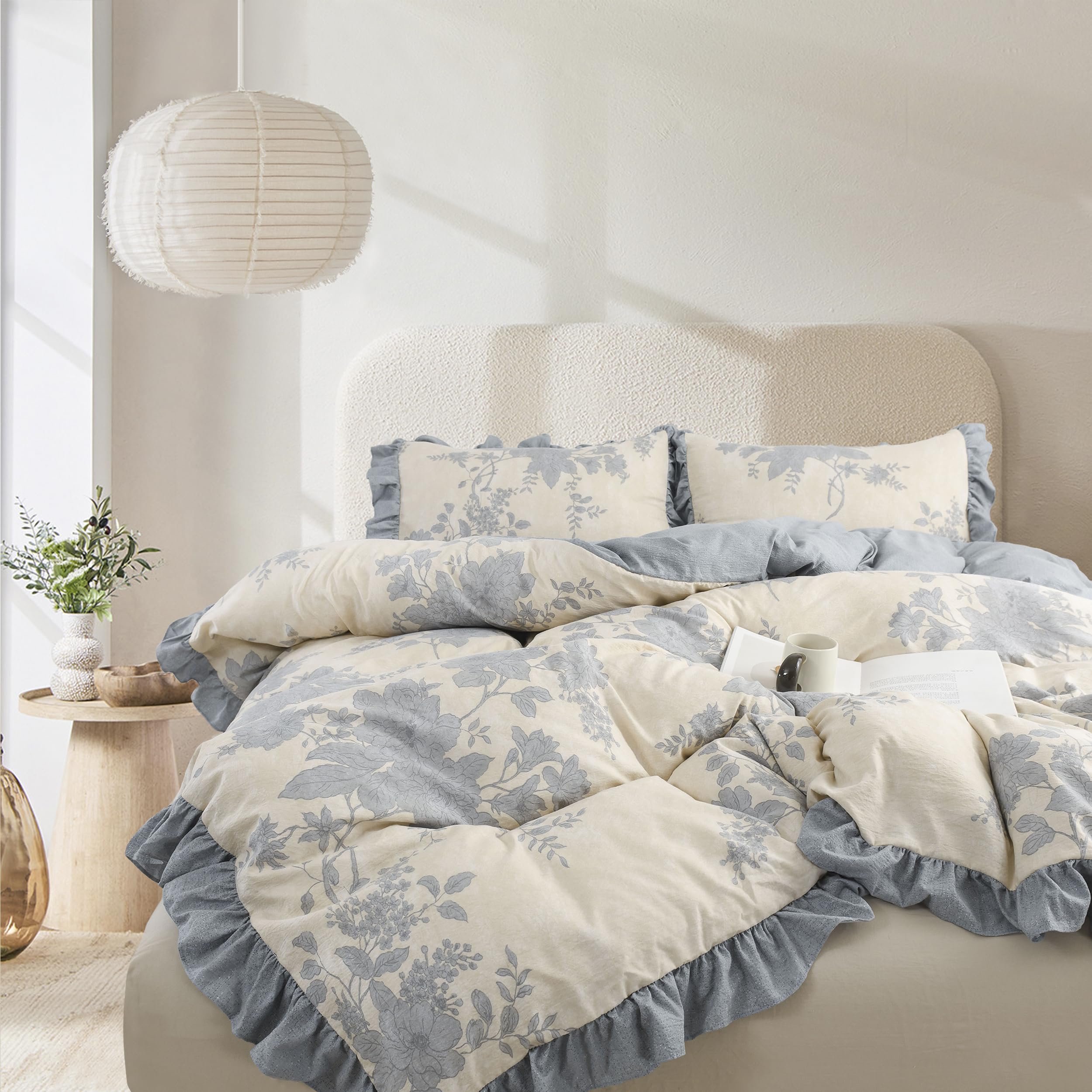 Photo 1 of Oli Anderson King Comforter Set, Ruffle Floral Bedding Set, 3 Pieces, Blue